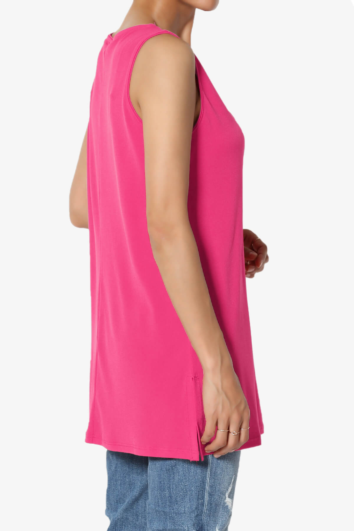 Lilly Sleeveless Side Slit Fluid Knit Tank Top HOT PINK_4