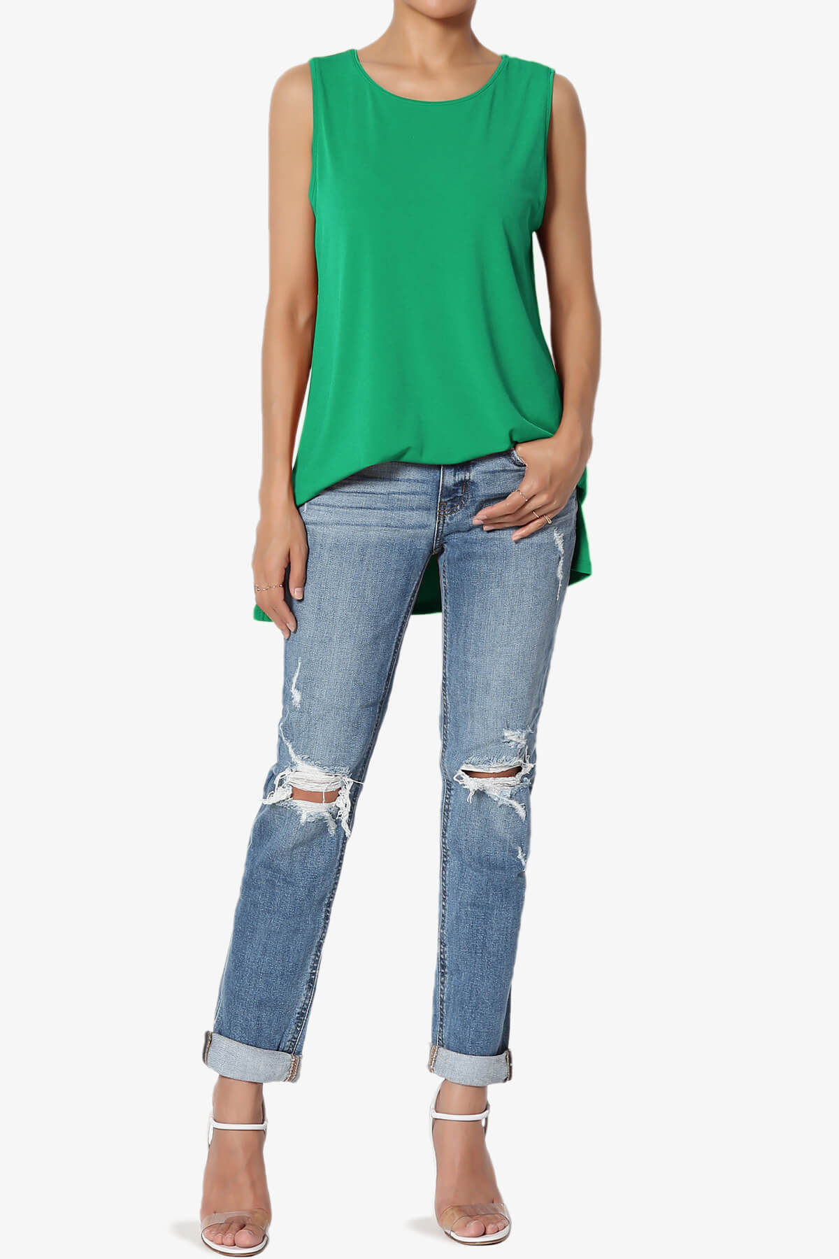 Lilly Sleeveless Side Slit Fluid Knit Tank Top KELLY GREEN_6