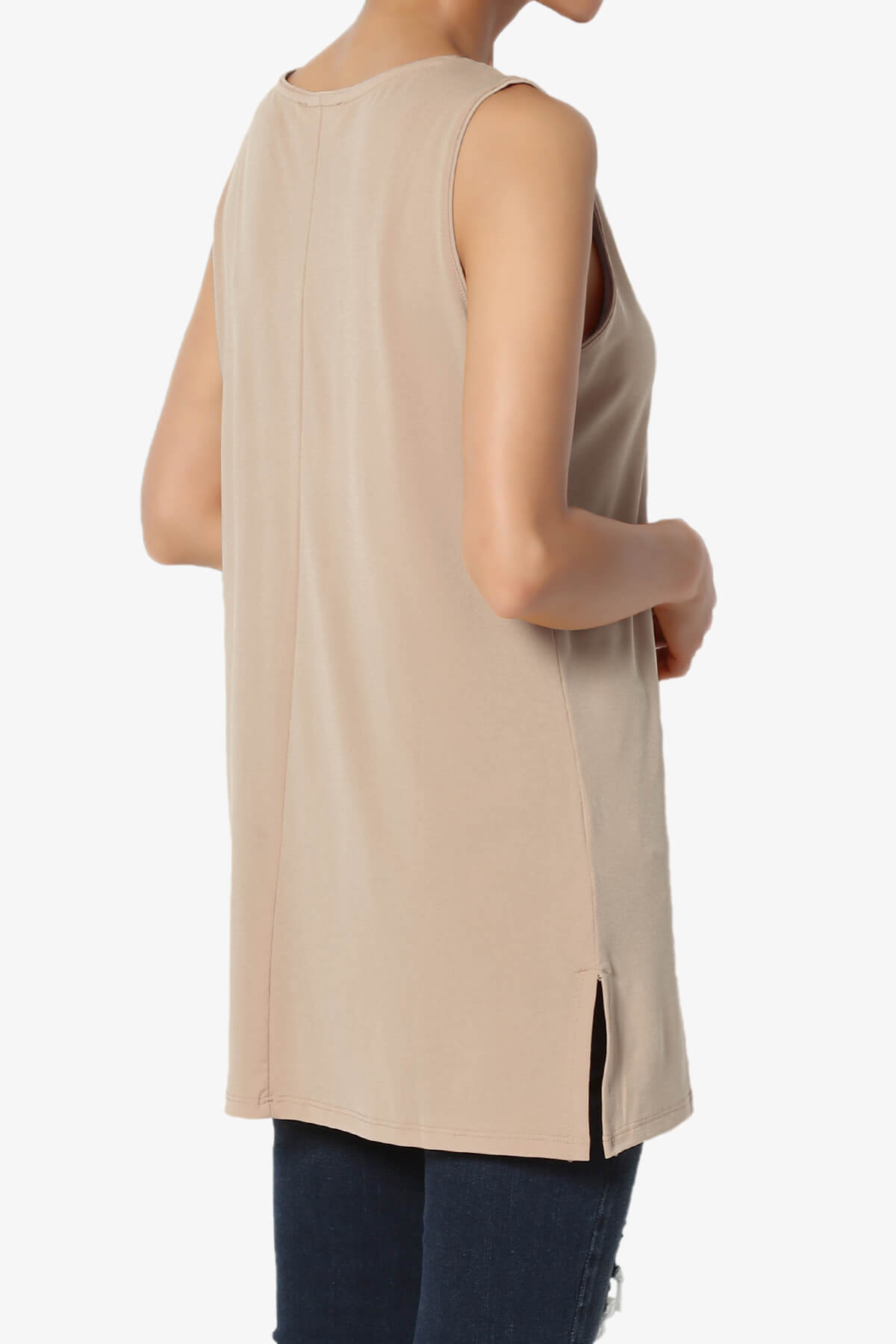 Lilly Sleeveless Side Slit Fluid Knit Tank Top LIGHT MOCHA_4