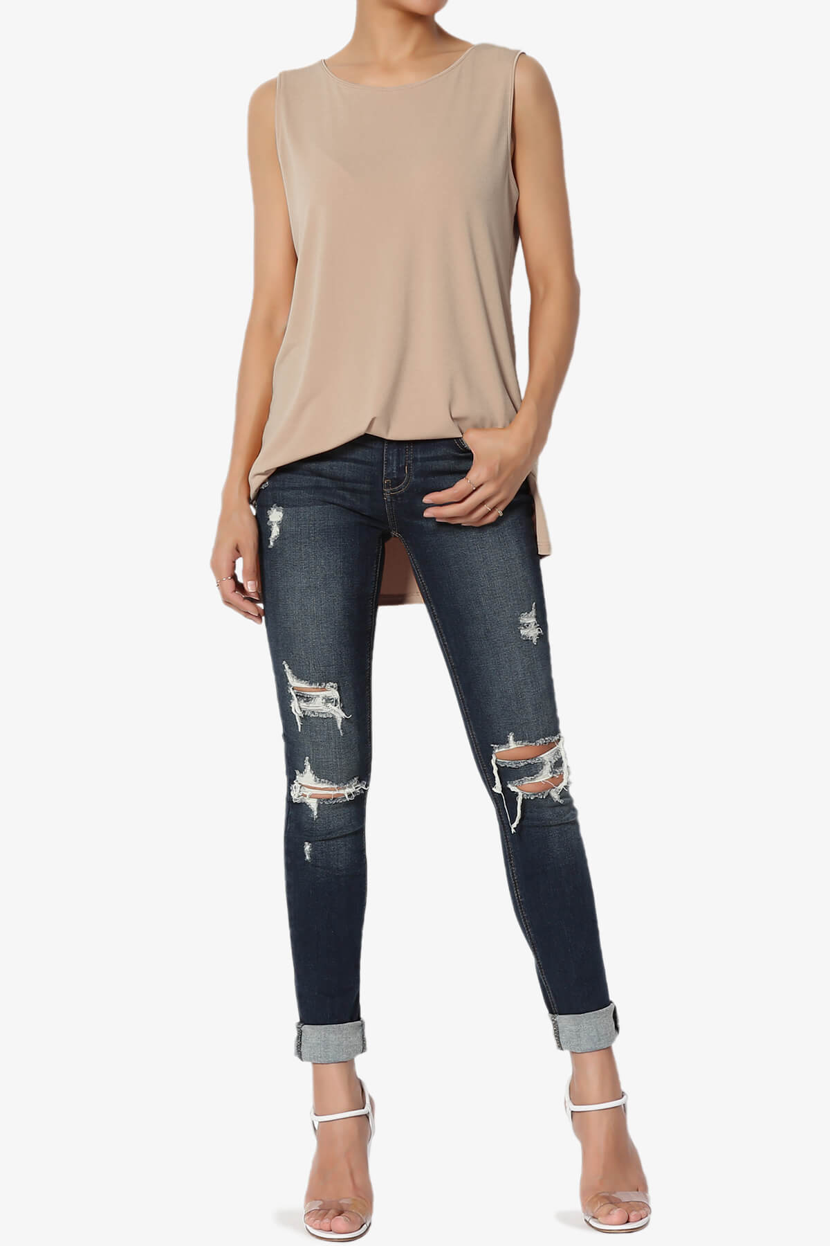 Lilly Sleeveless Side Slit Fluid Knit Tank Top LIGHT MOCHA_6