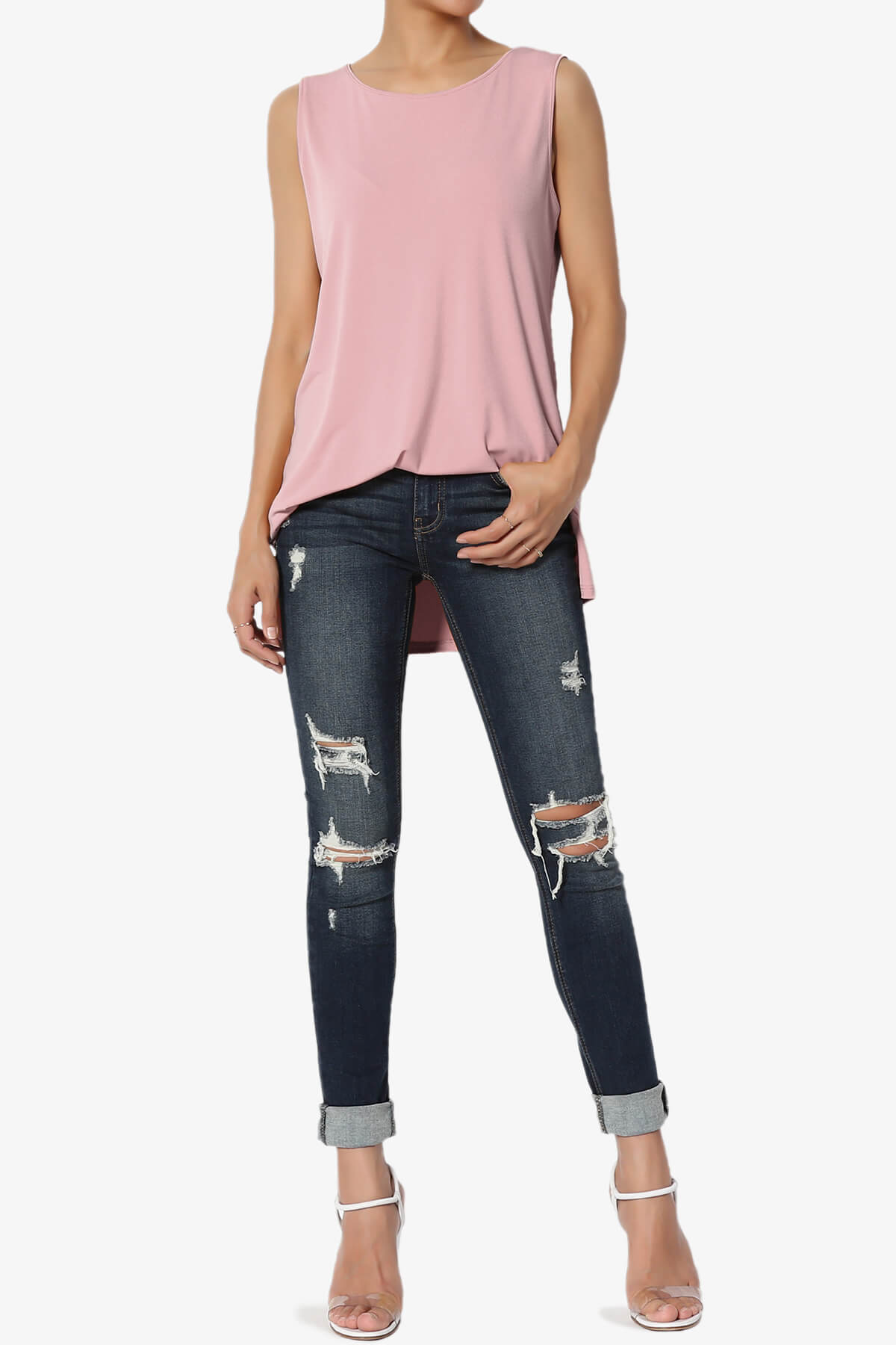 Lilly Sleeveless Side Slit Fluid Knit Tank Top LIGHT ROSE_6