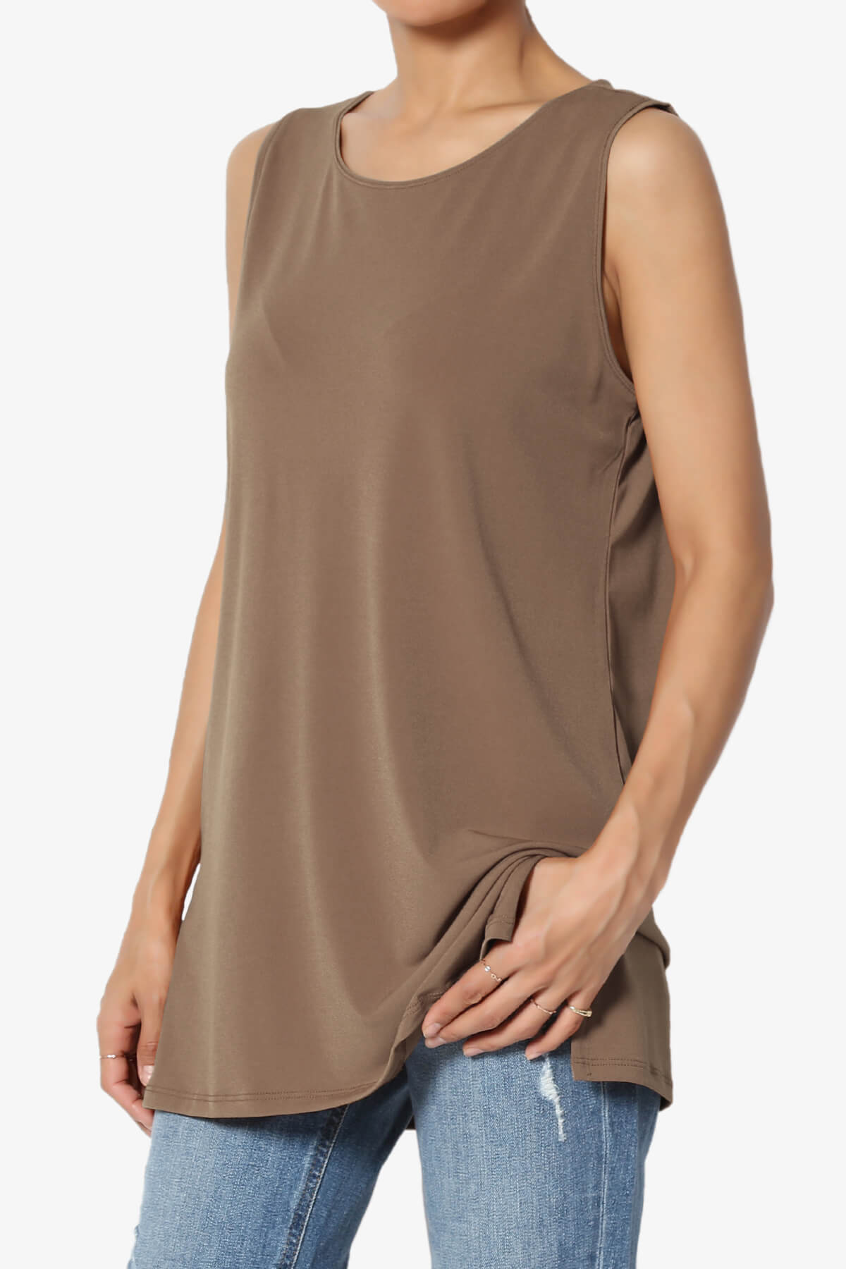 Lilly Sleeveless Side Slit Fluid Knit Tank Top MOCHA_3