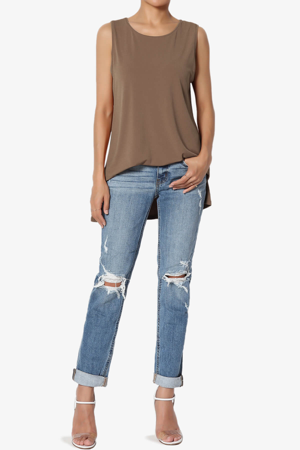 Lilly Sleeveless Side Slit Fluid Knit Tank Top MOCHA_6