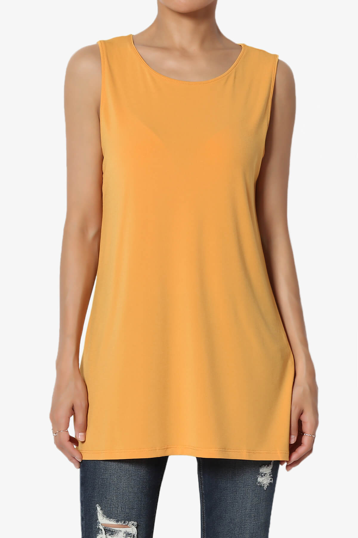 Lilly Sleeveless Side Slit Fluid Knit Tank Top MUSTARD_1