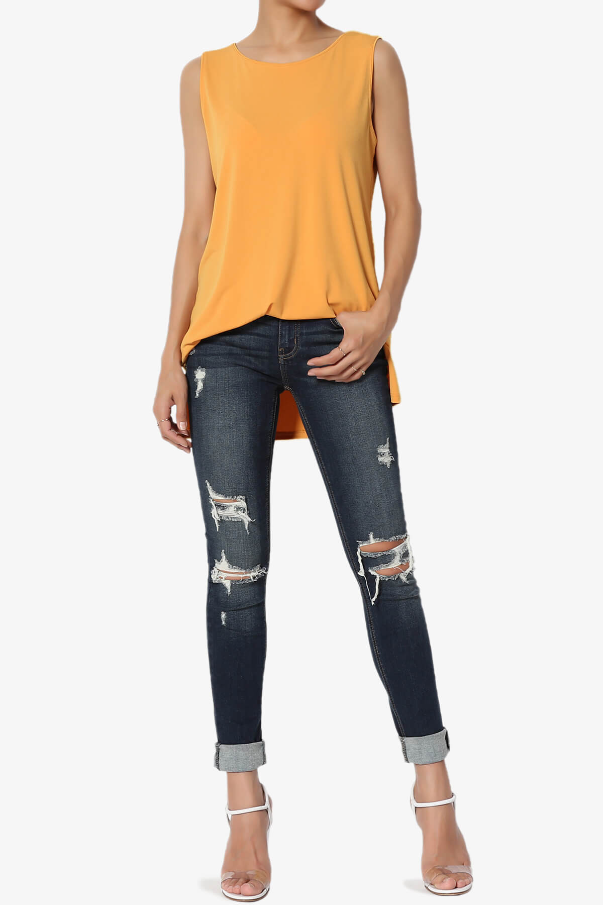 Lilly Sleeveless Side Slit Fluid Knit Tank Top MUSTARD_6