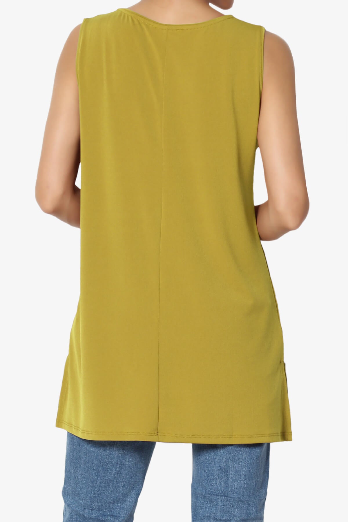 Lilly Sleeveless Side Slit Fluid Knit Tank Top OLIVE MUSTARD_2