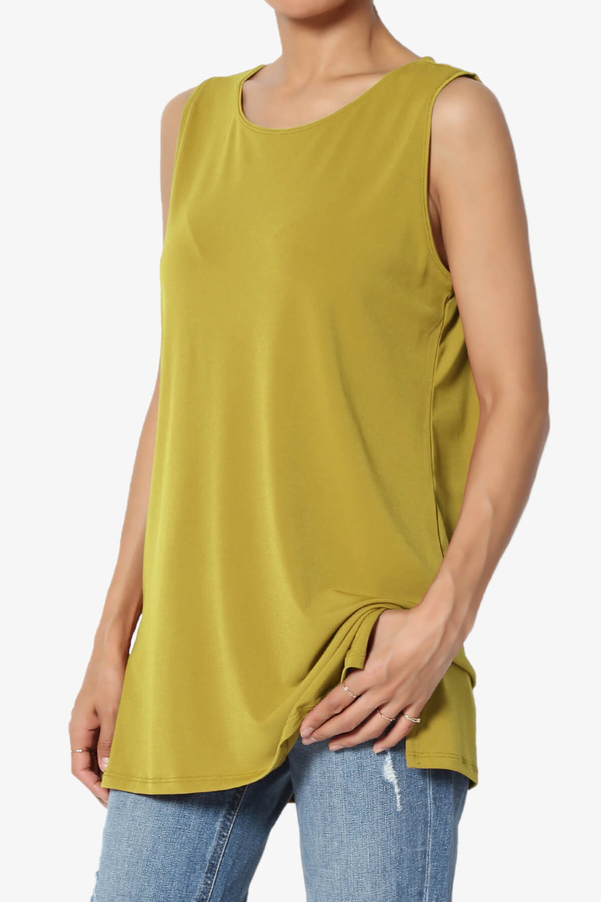 Lilly Sleeveless Side Slit Fluid Knit Tank Top OLIVE MUSTARD_3