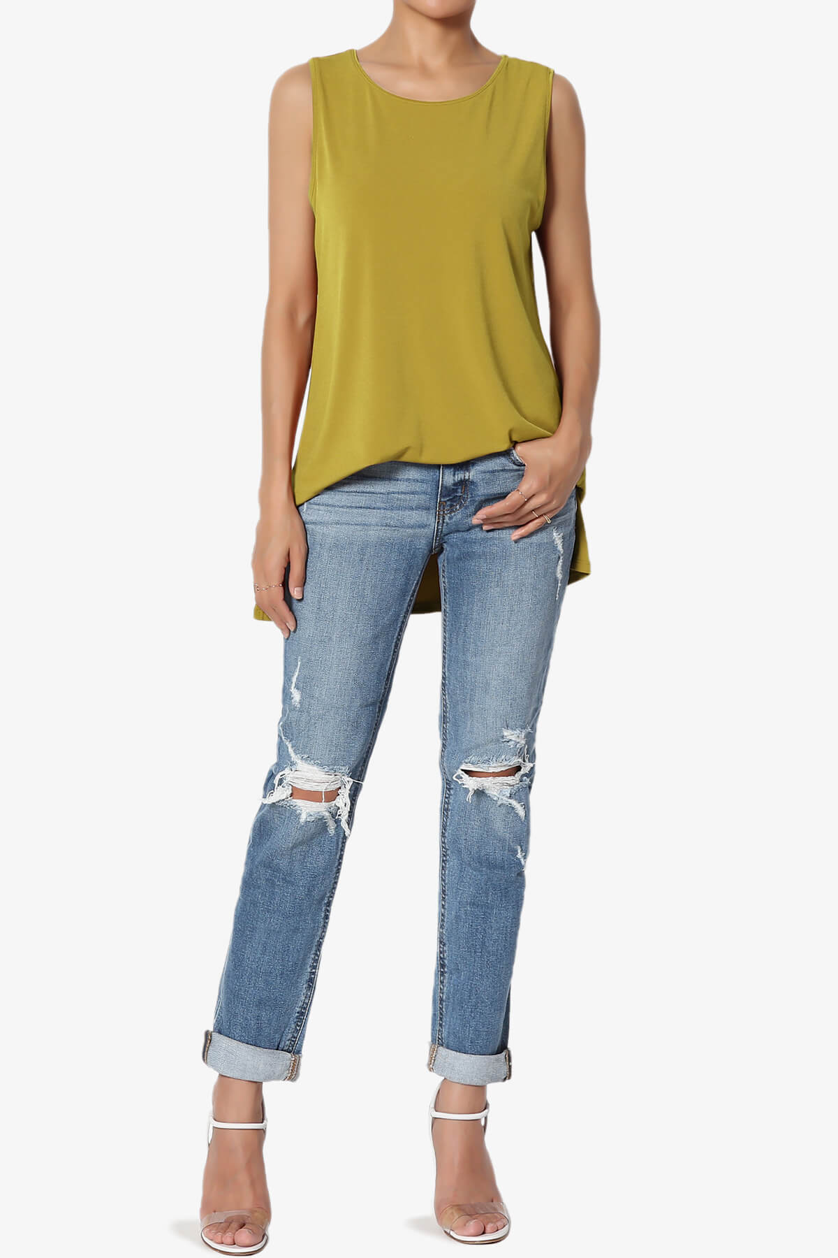 Lilly Sleeveless Side Slit Fluid Knit Tank Top OLIVE MUSTARD_6