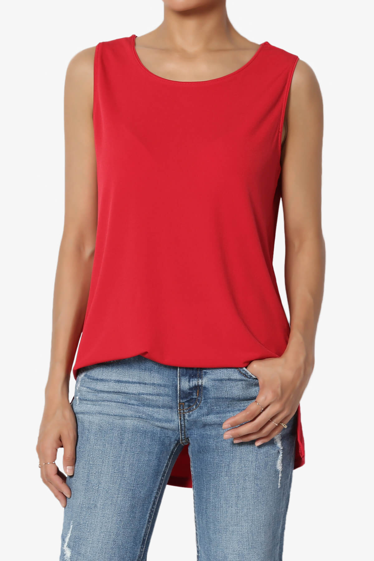 Lilly Sleeveless Side Slit Fluid Knit Tank Top RED_1