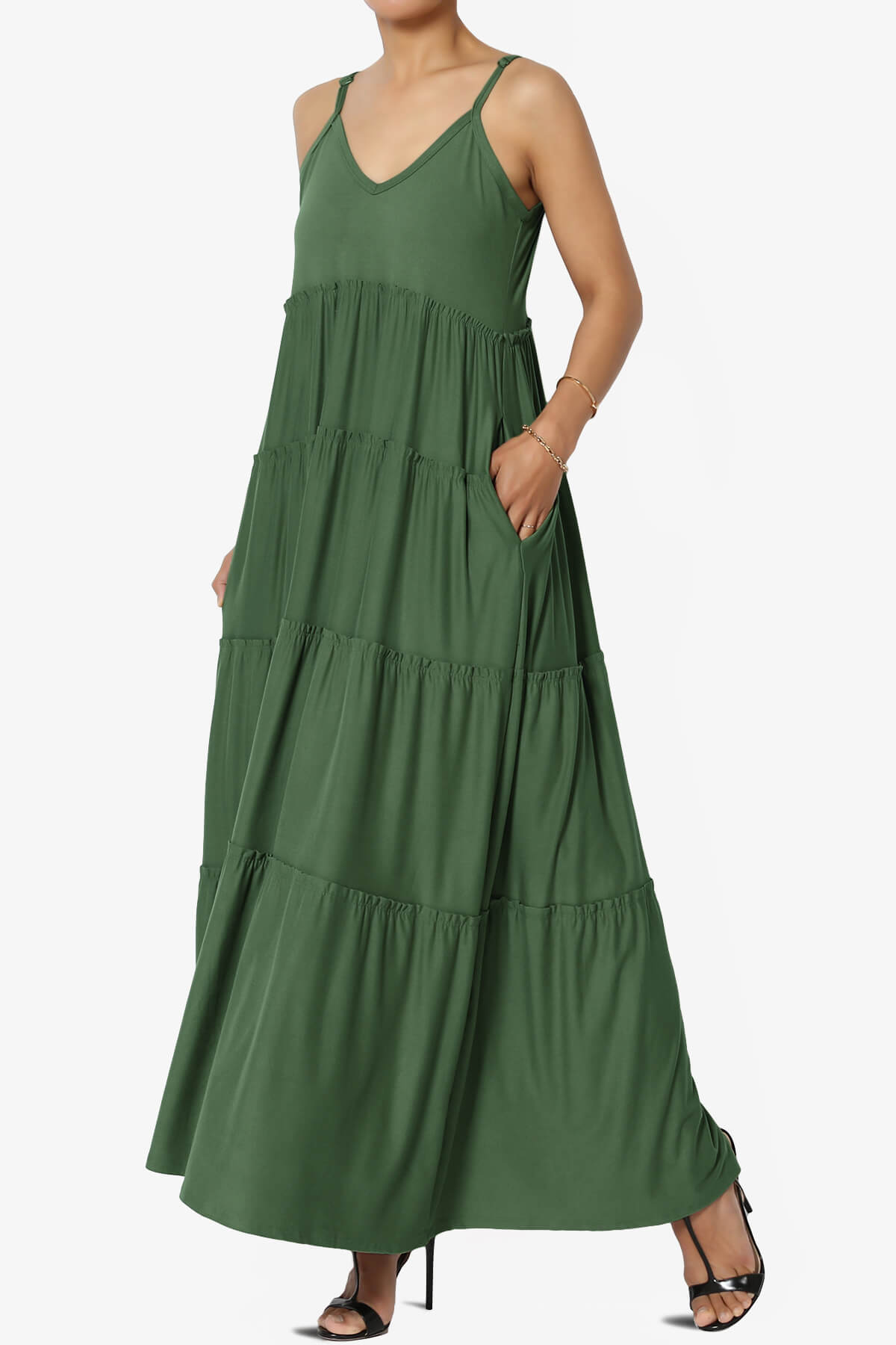Livvy V-Neck Tiered Cami Maxi Dress ARMY GREEN_3