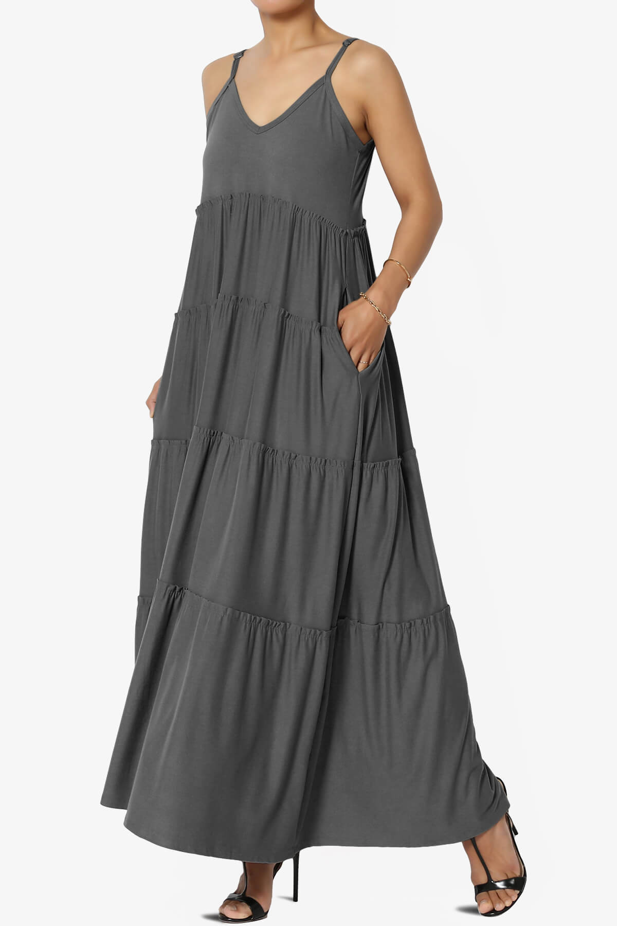 Livvy V-Neck Tiered Cami Maxi Dress ASH GREY_3