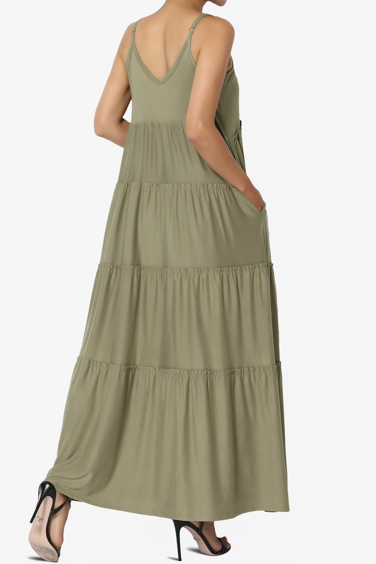 Livvy V-Neck Tiered Cami Maxi Dress KHAKI GREEN_4