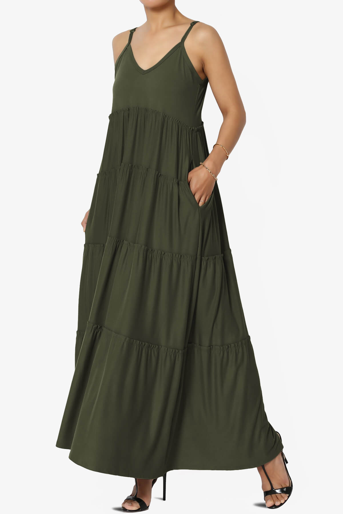 Livvy V-Neck Tiered Cami Maxi Dress OLIVE_3