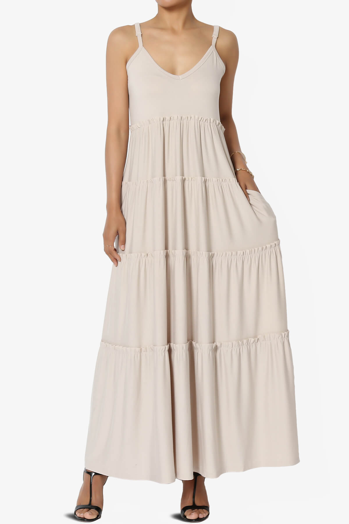 Livvy V-Neck Tiered Cami Maxi Dress SAND BEIGE_1
