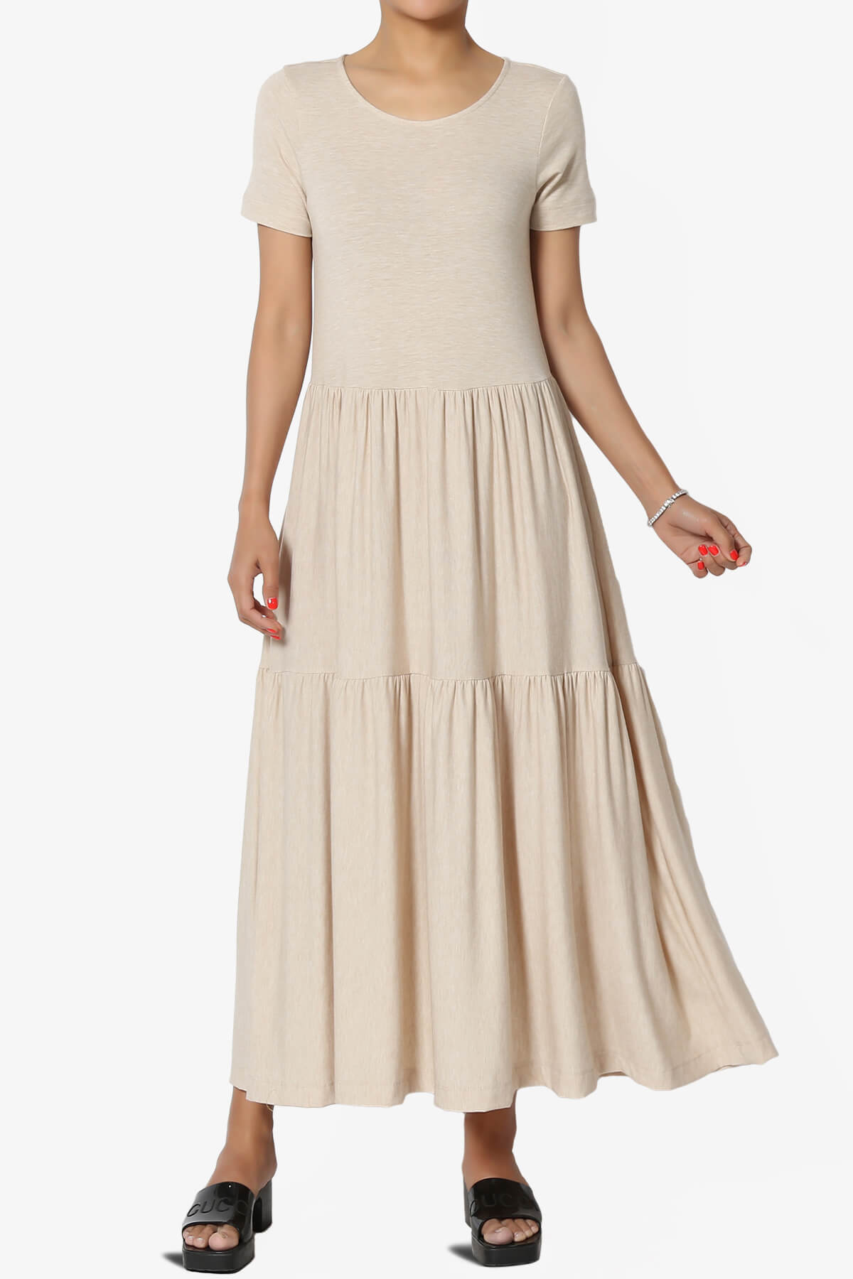 Macie Short Sleeve Tiered Jersey Long Midi Dress HEATHER BEIGE_1