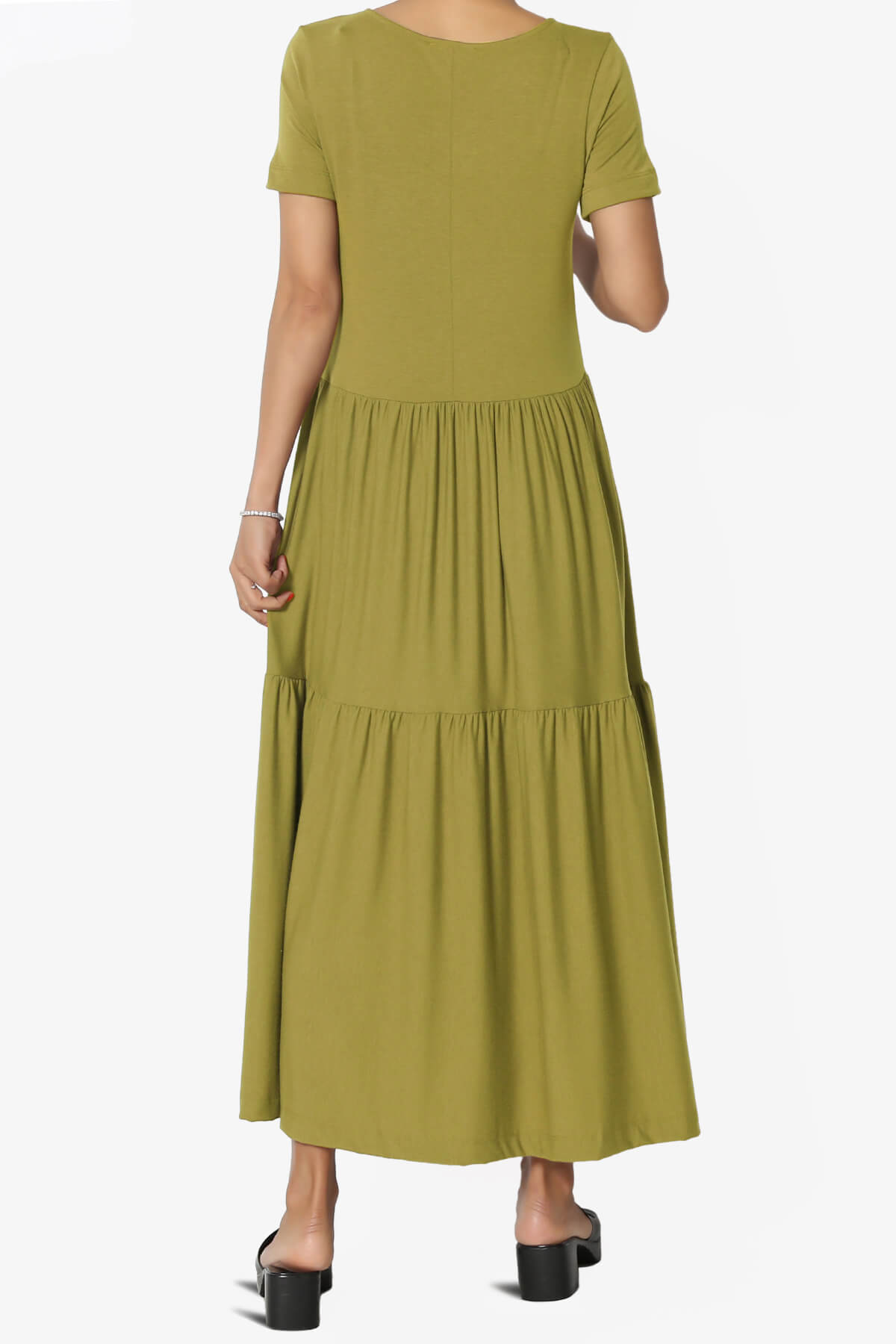 Macie Short Sleeve Tiered Jersey Long Midi Dress OLIVE MUSTARD_2
