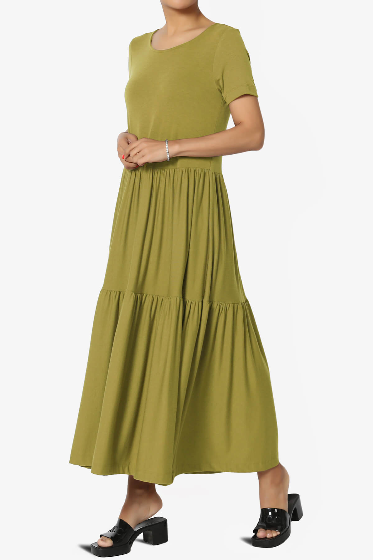 Macie Short Sleeve Tiered Jersey Long Midi Dress OLIVE MUSTARD_3