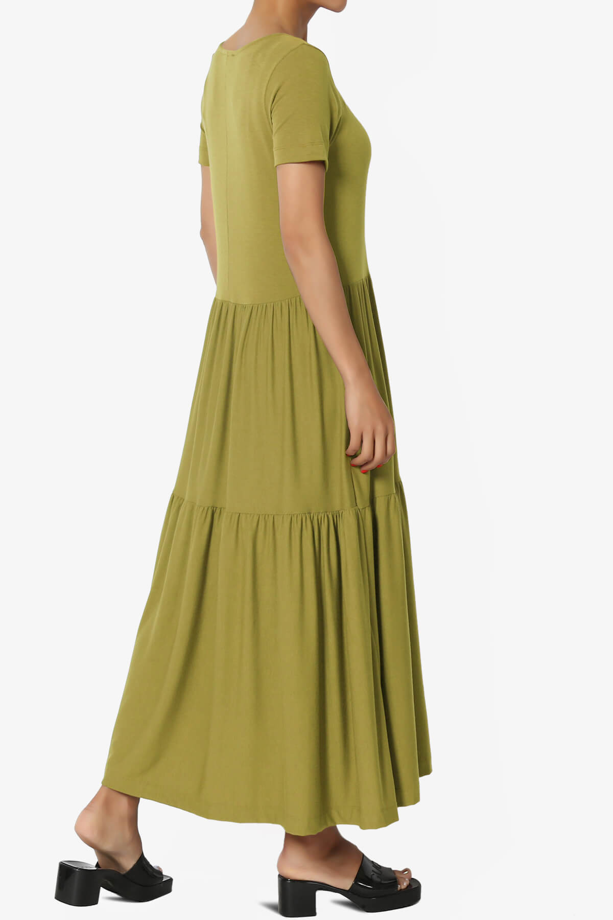 Macie Short Sleeve Tiered Jersey Long Midi Dress OLIVE MUSTARD_4