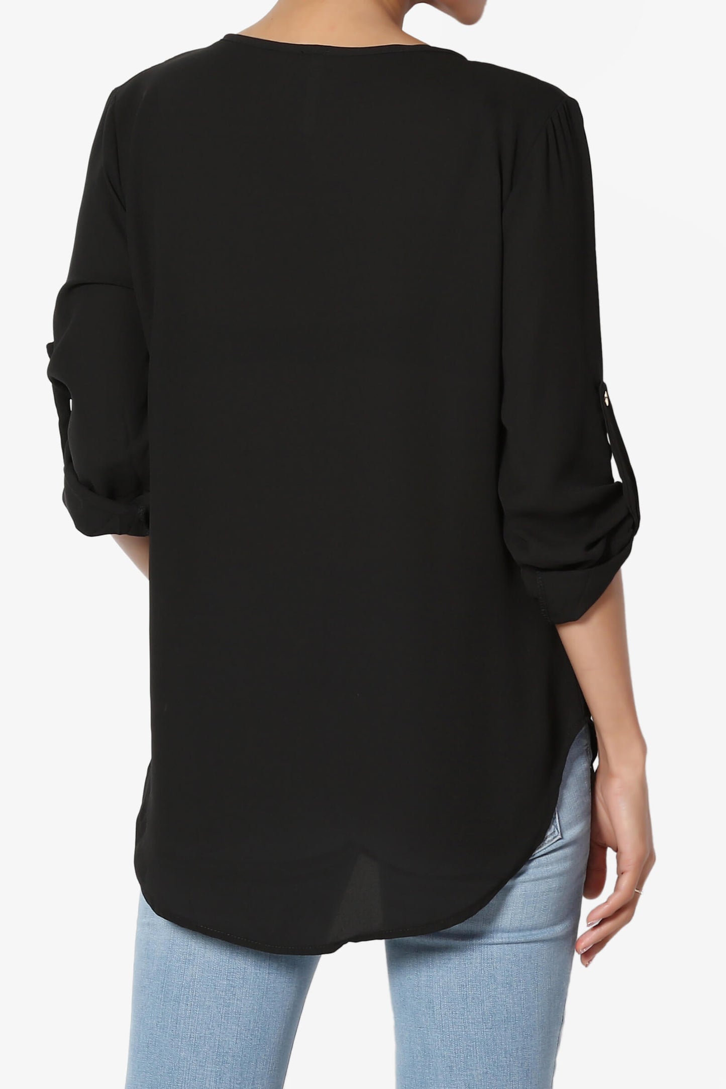 Astoria Tab Sleeve Split V-Neck Blouse BLACK_2