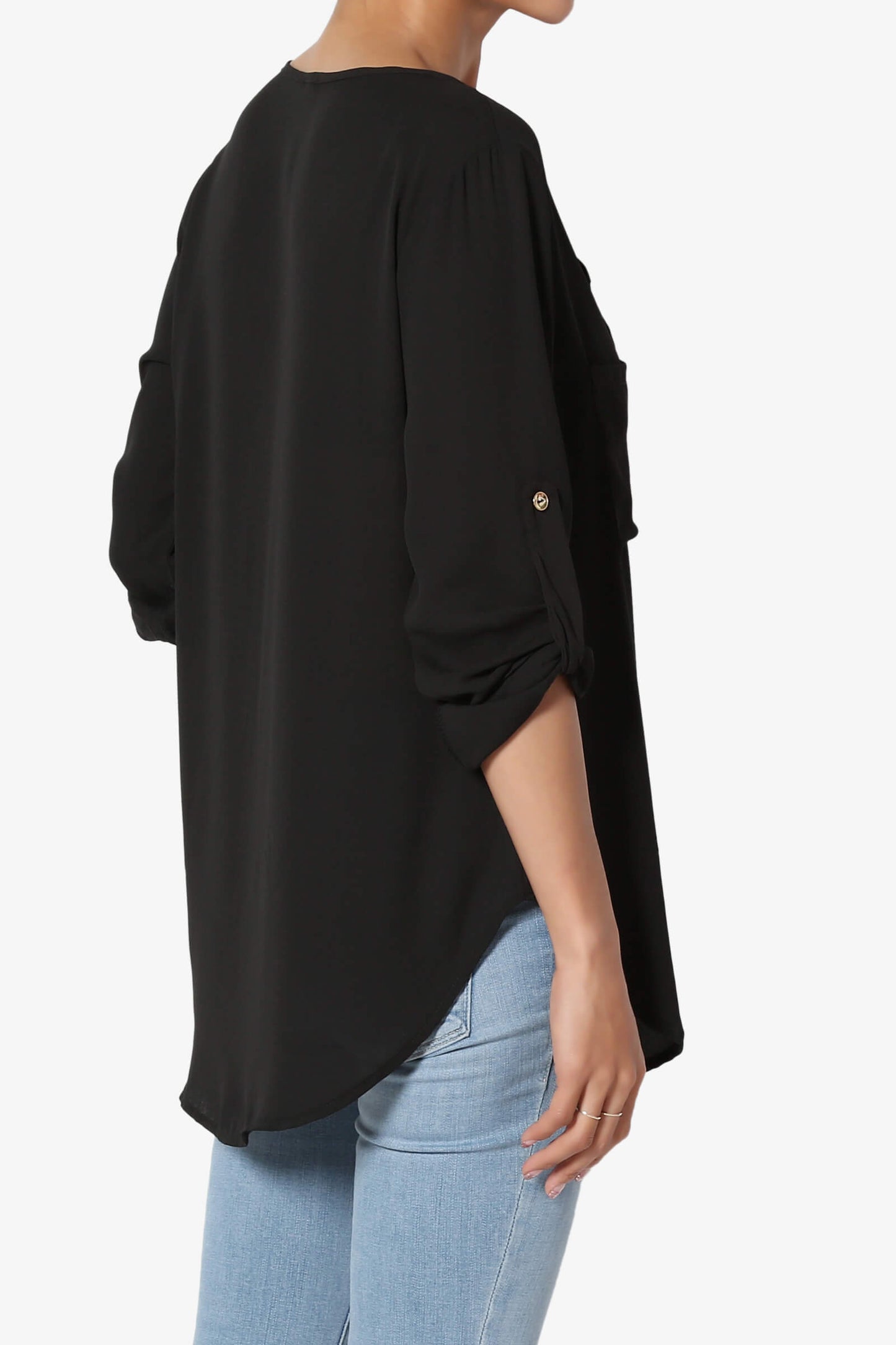 Astoria Tab Sleeve Split V-Neck Blouse BLACK_4