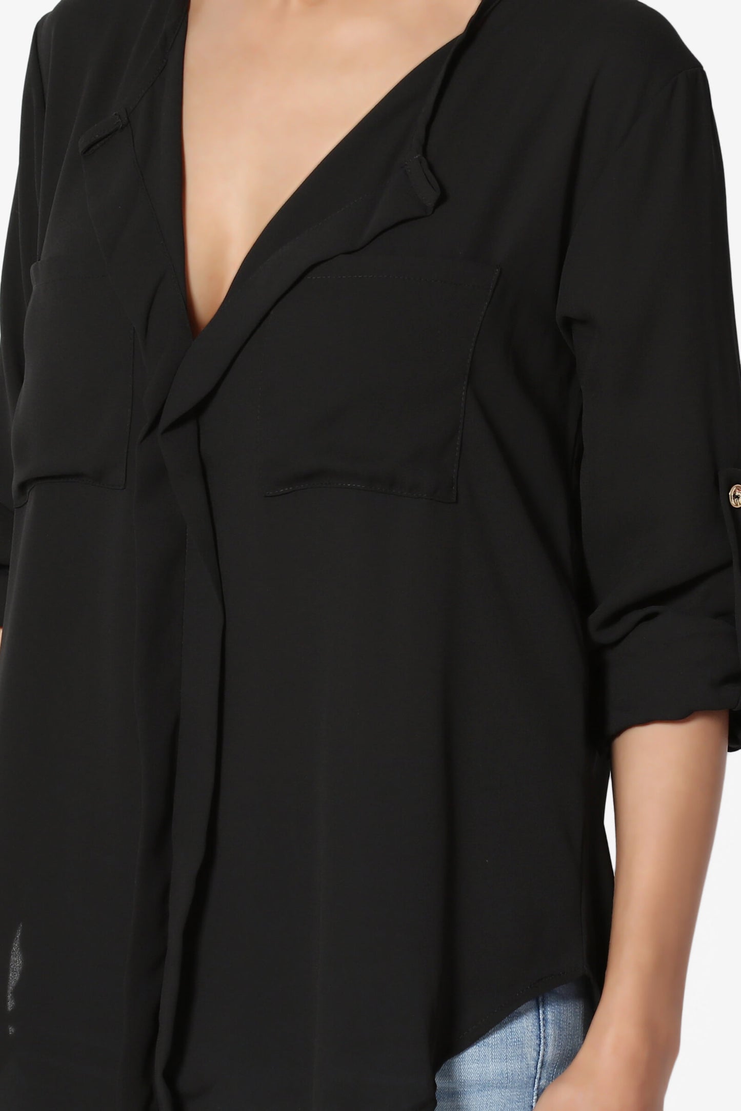 Astoria Tab Sleeve Split V-Neck Blouse BLACK_5