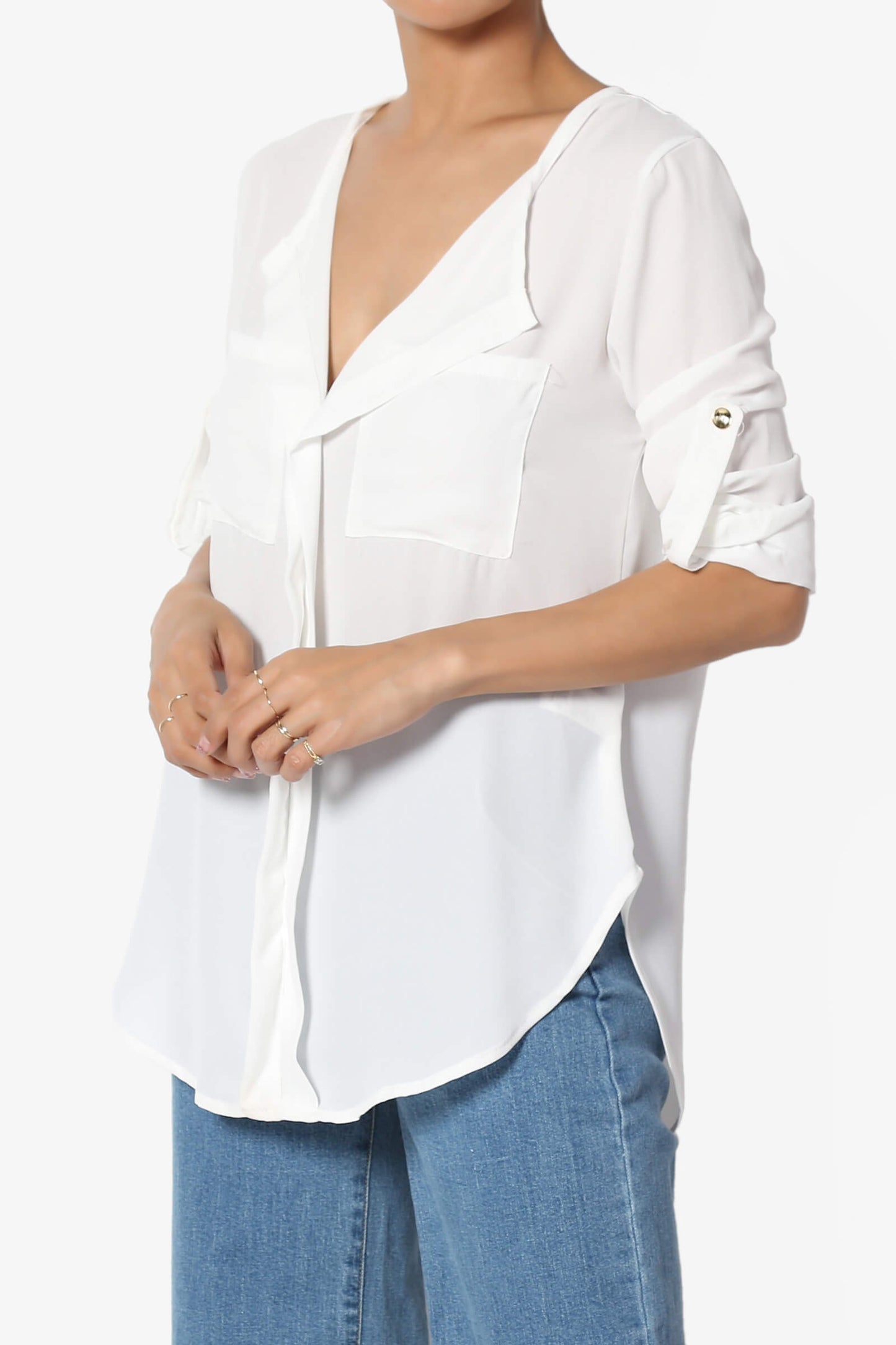 Astoria Tab Sleeve Split V-Neck Blouse IVORY_3