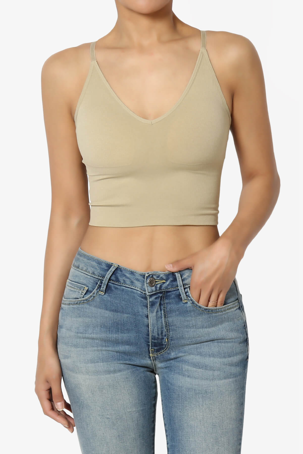 Melena Cross Back Triangle V-Neck Crop Cami KHAKI_1