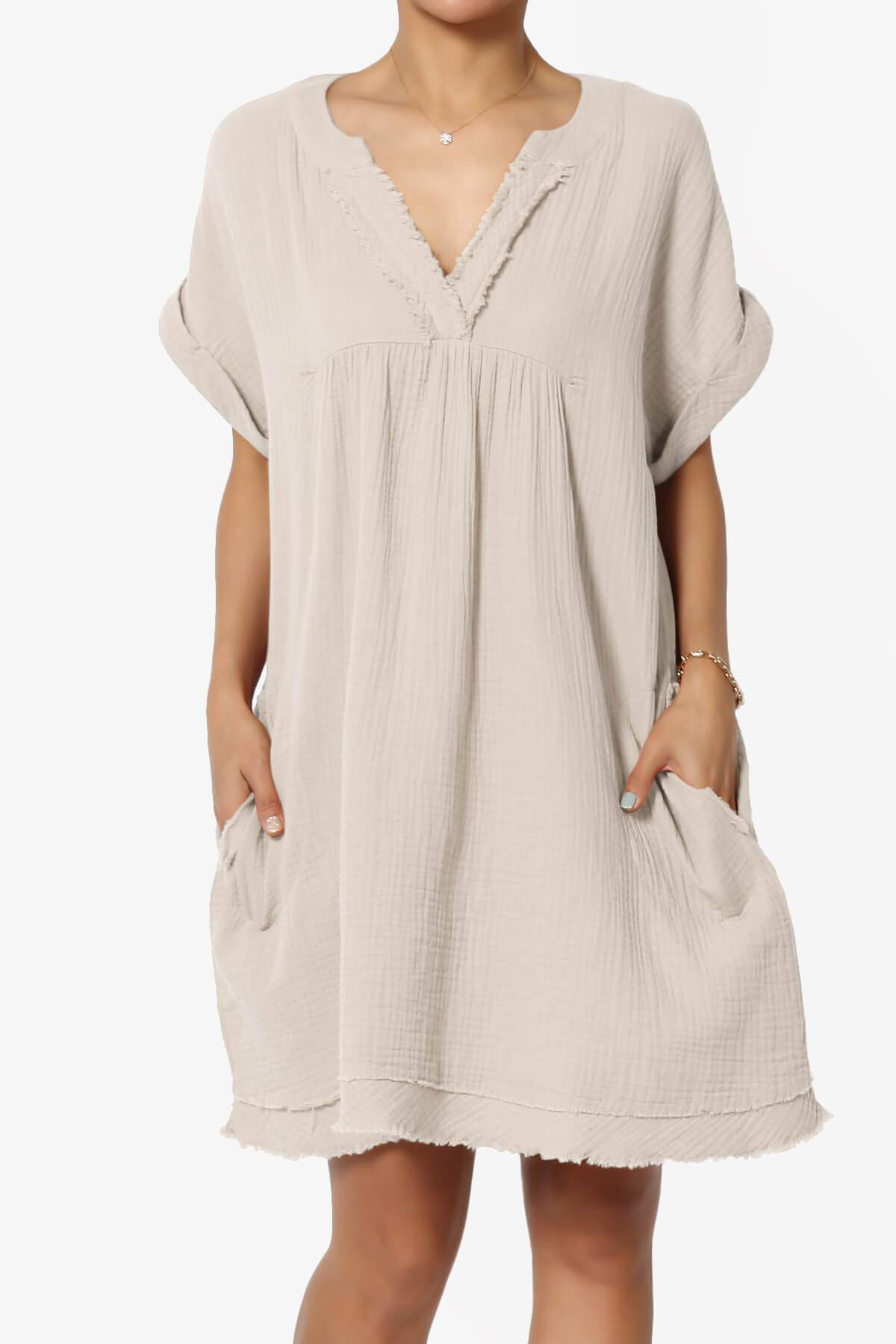 Milly Gauze V-Neck Babydoll Shift Mini Dress SAND BEIGE_1