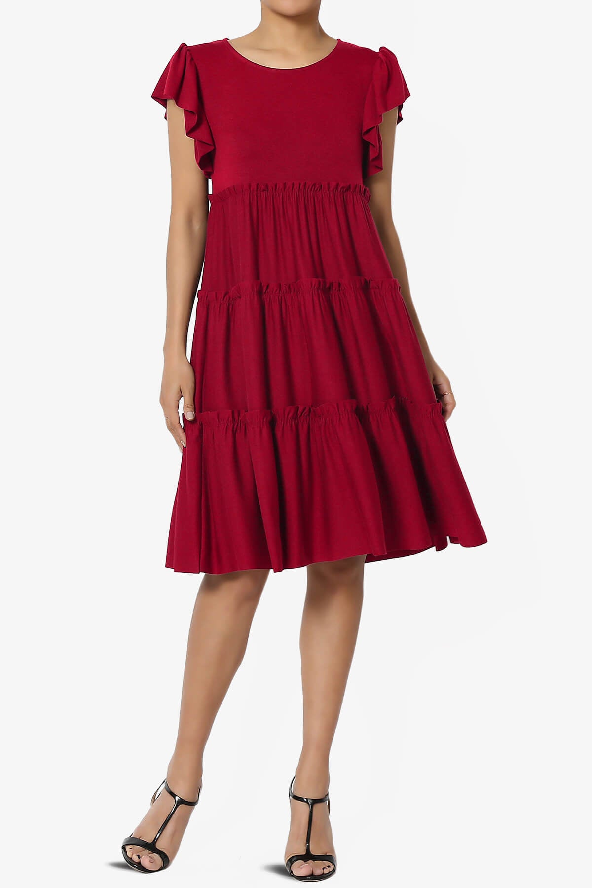 Minka Flutter Sleeve Tiered Ruffle Dress BURGUNDY_1
