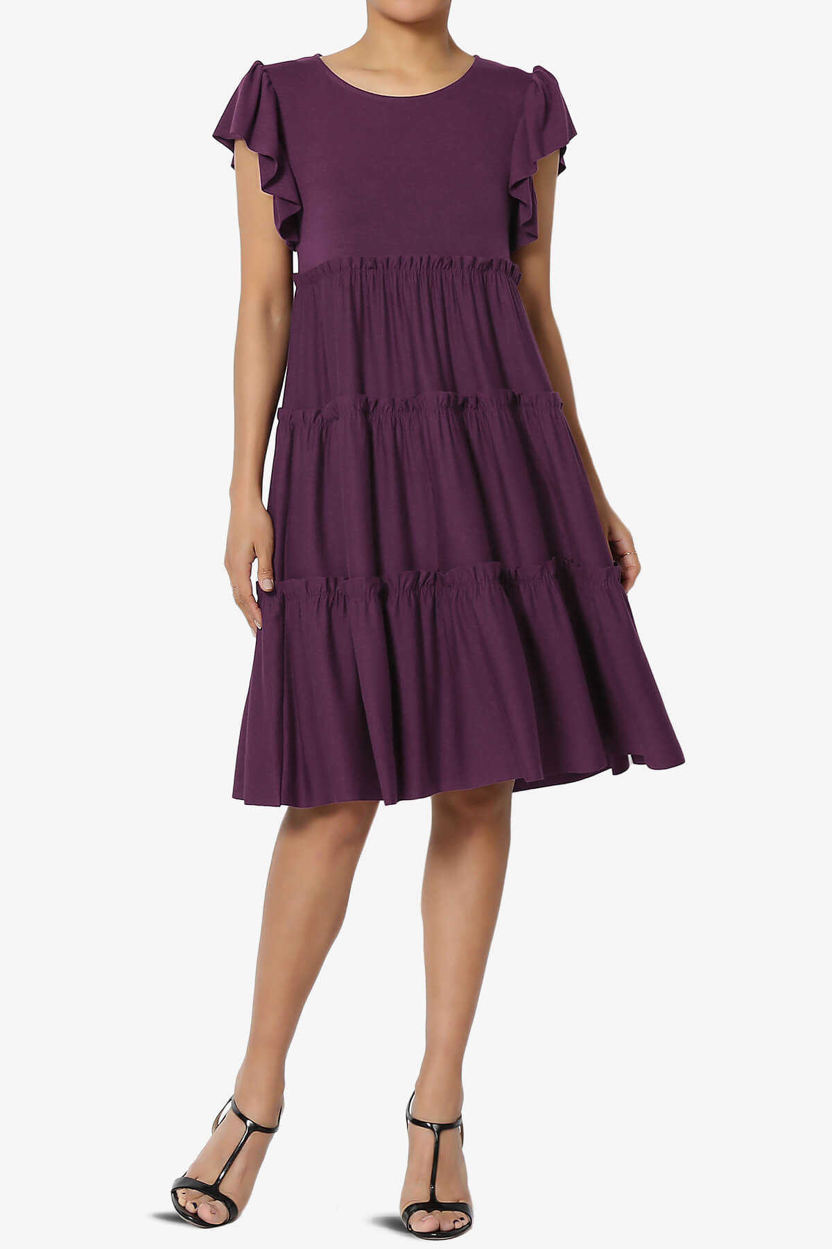 Minka Flutter Sleeve Tiered Ruffle Dress DUSTY PLUM_1