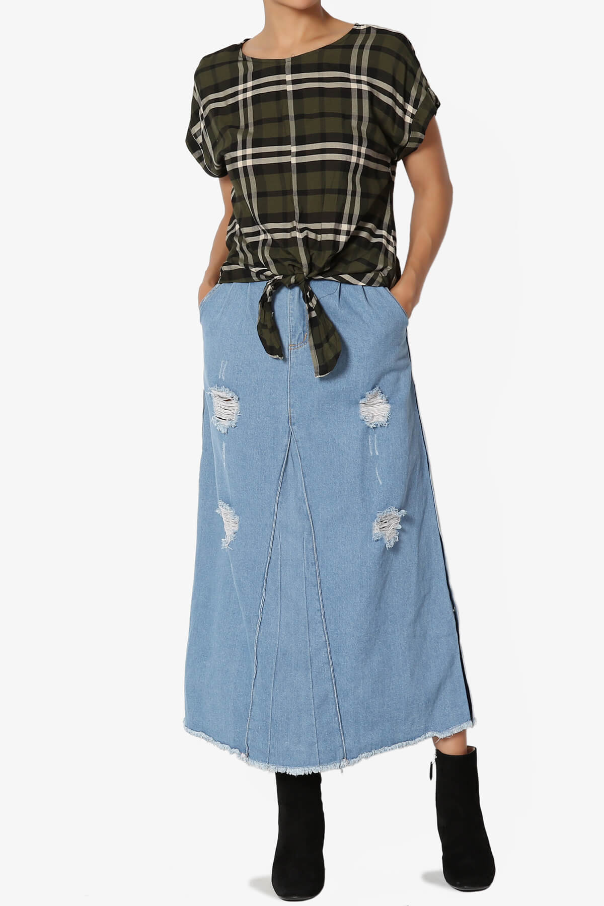 Callie Plaid Button Back Tie Front Top OLIVE_6