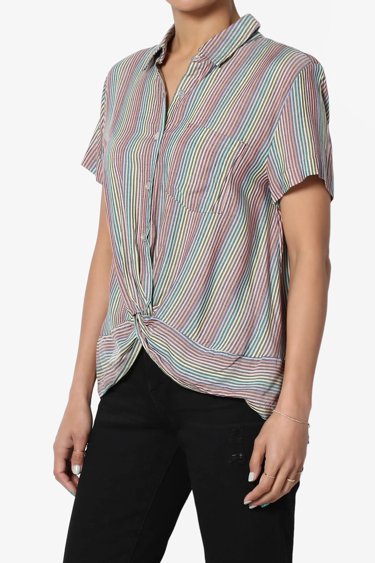 Rainbow Stripe Button Front Blouse BLACK_3