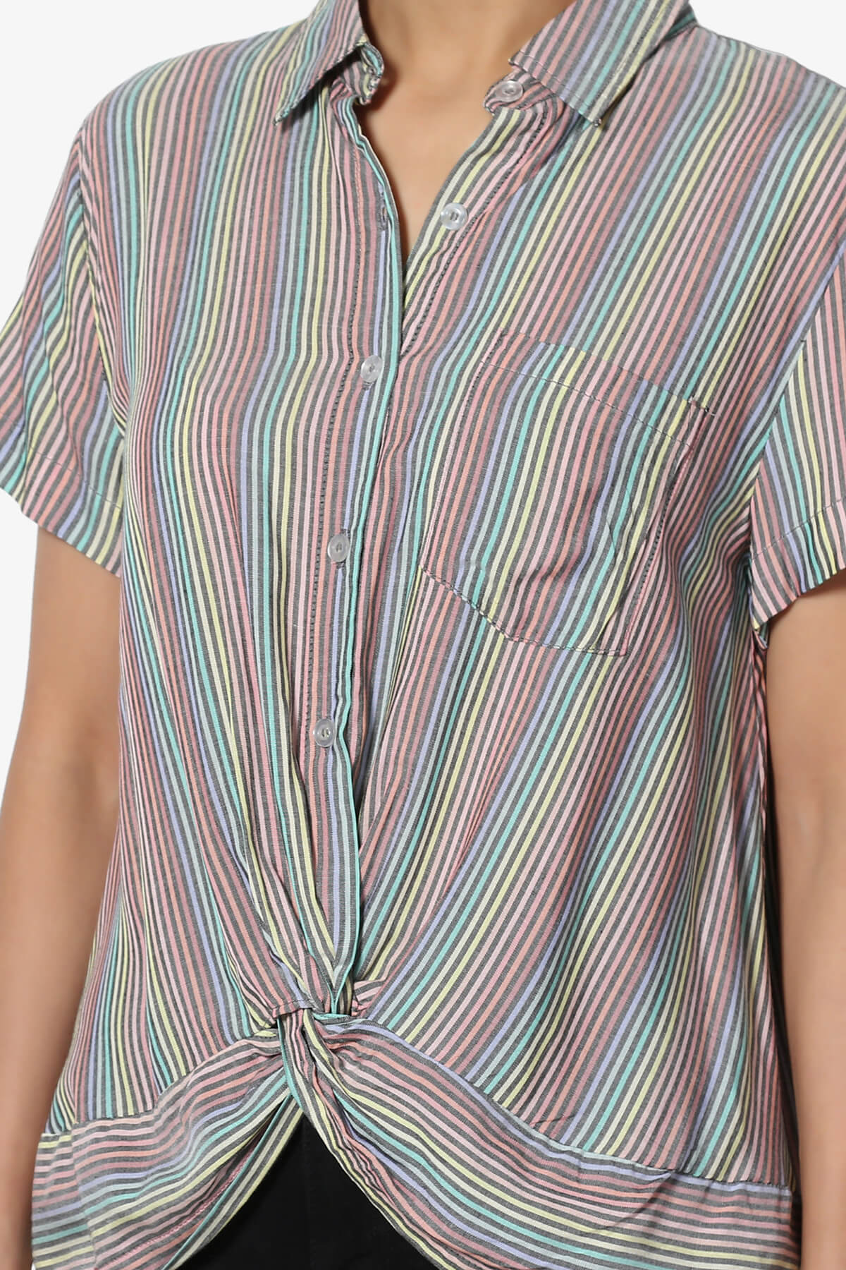 Rainbow Stripe Button Front Blouse BLACK_5