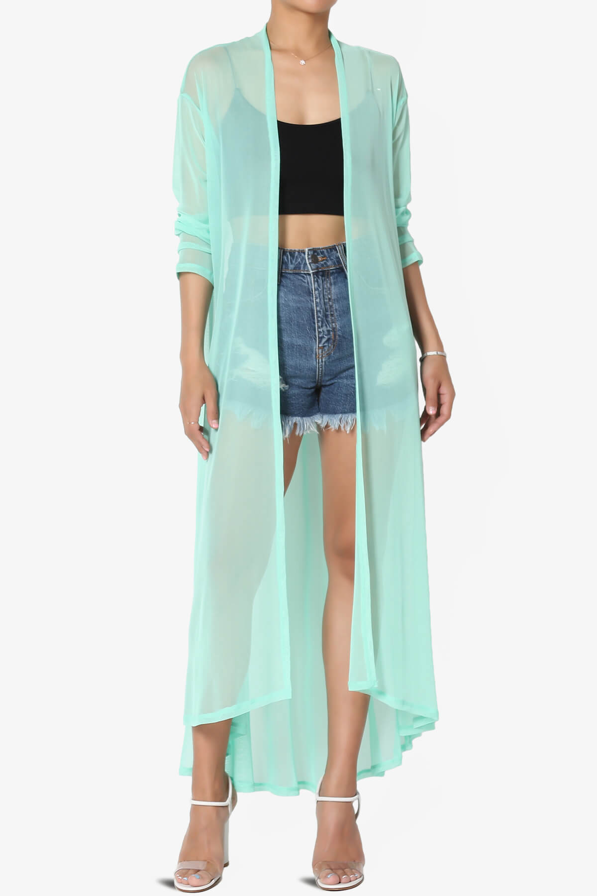 Moxxi Sheer Mesh Open Cardigan Duster GREEN MINT_1
