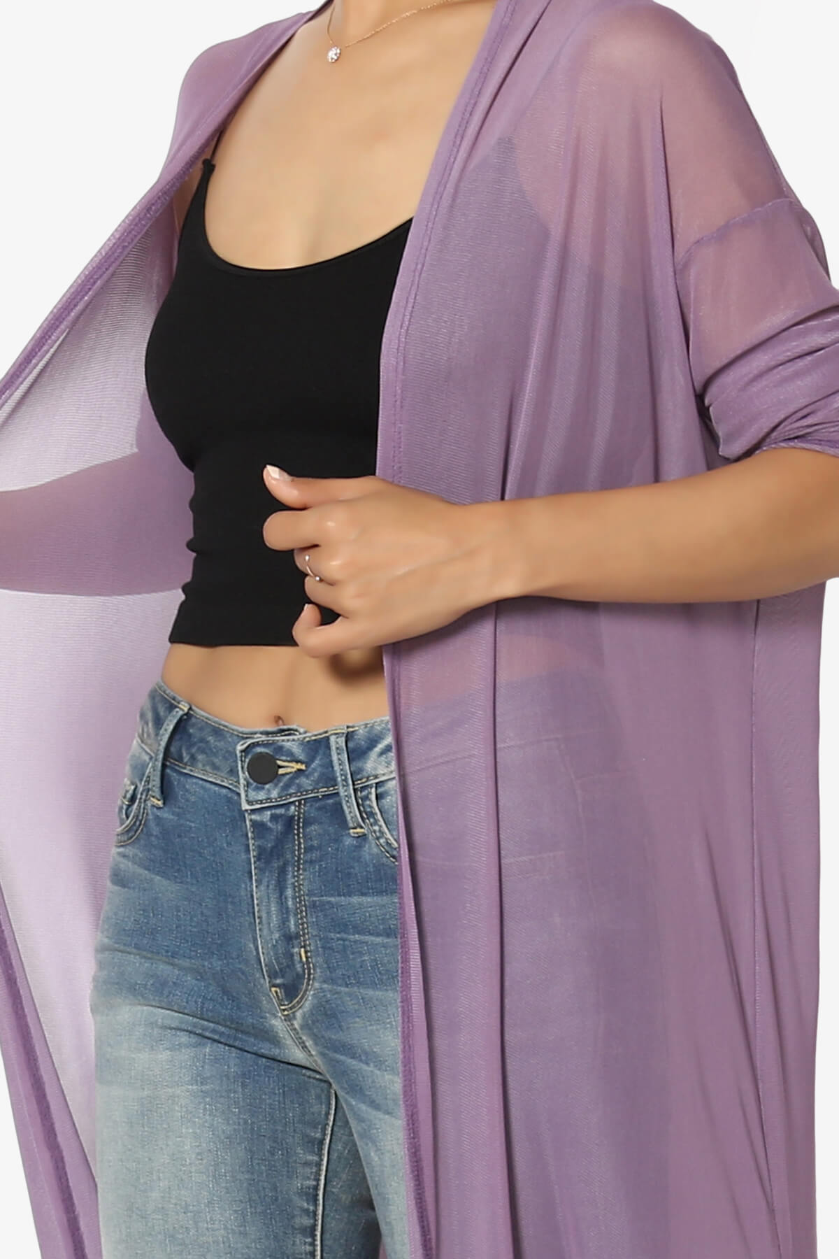 Moxxi Sheer Mesh Open Cardigan Duster LILAC GREY_5