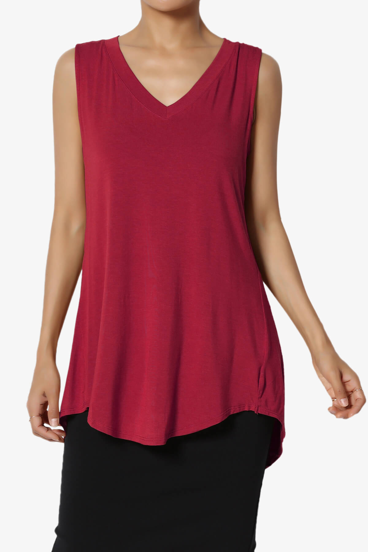 Myles Sleeveless V-Neck Luxe Jersey Top BURGUNDY_1