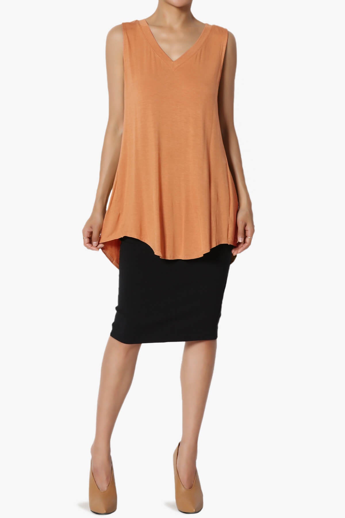 Myles Sleeveless V-Neck Luxe Jersey Top BUTTER ORANGE_6
