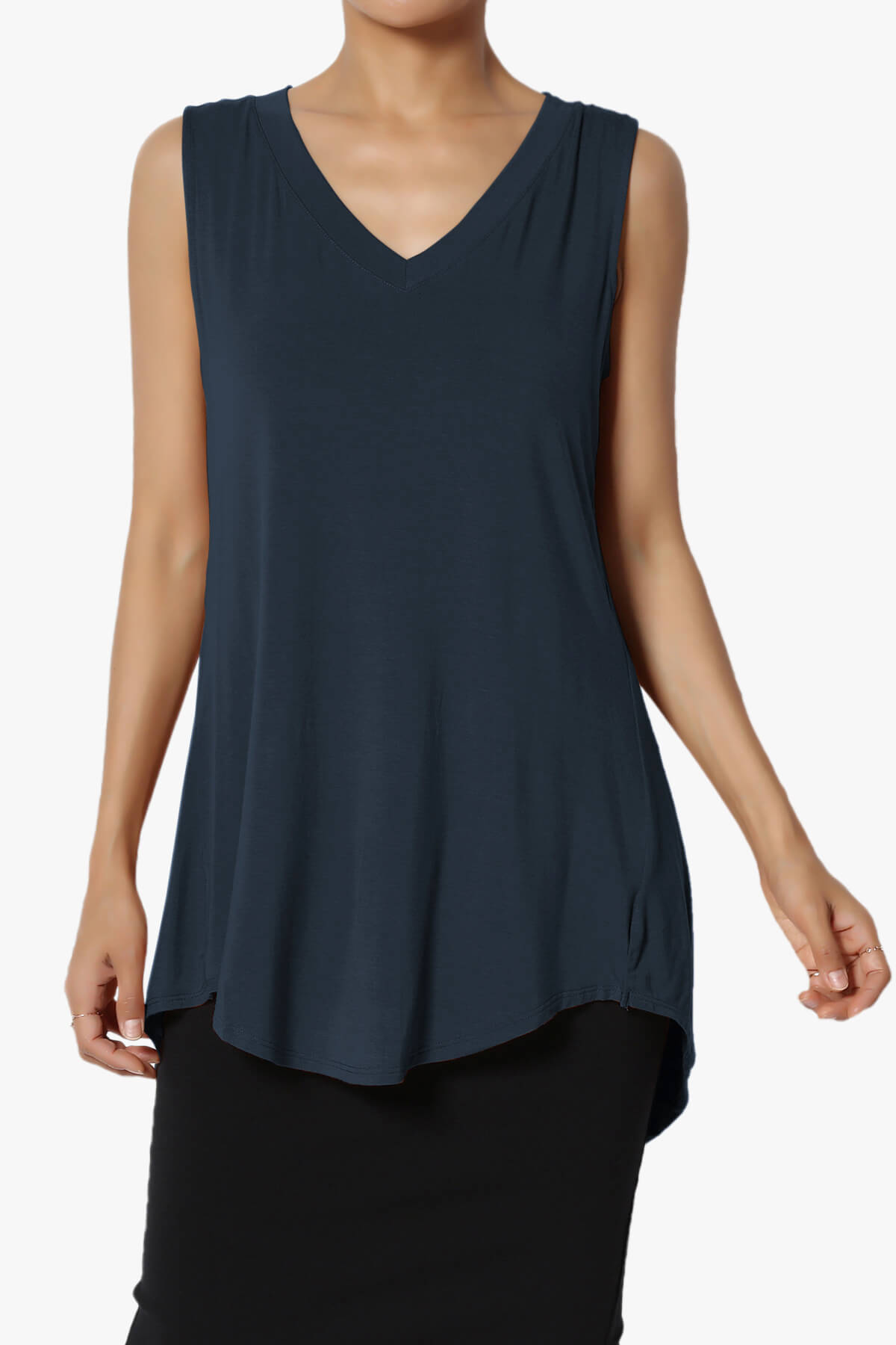 Myles Sleeveless V-Neck Luxe Jersey Top DARK NAVY_1