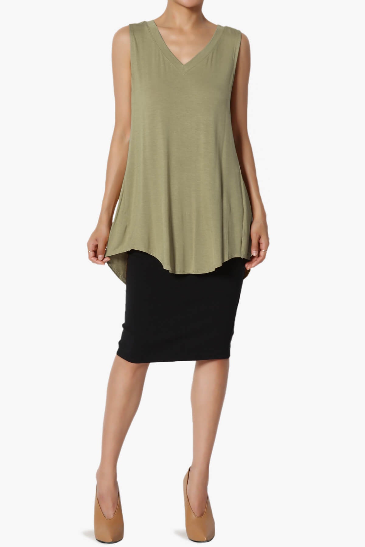 Myles Sleeveless V-Neck Luxe Jersey Top KHAKI GREEN_6
