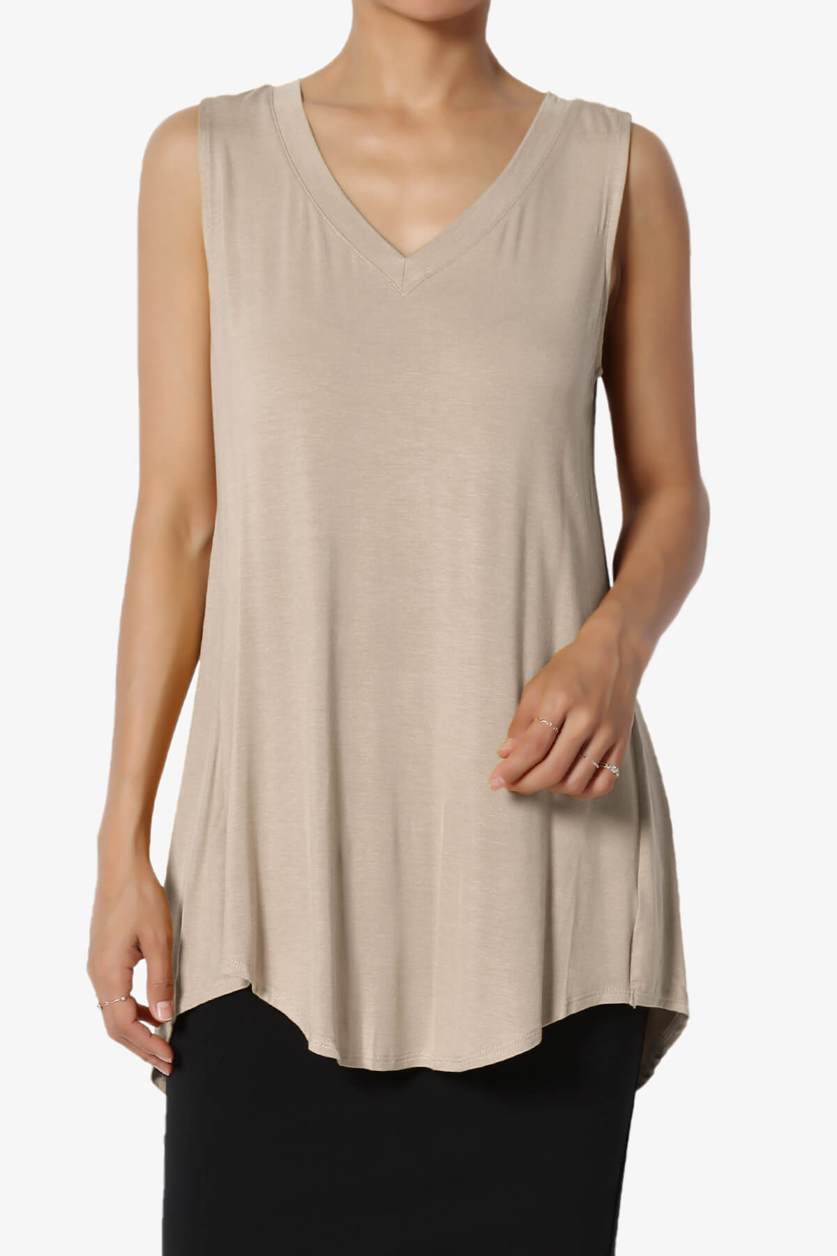 Myles Sleeveless V-Neck Luxe Jersey Top LIGHT MOCHA_1