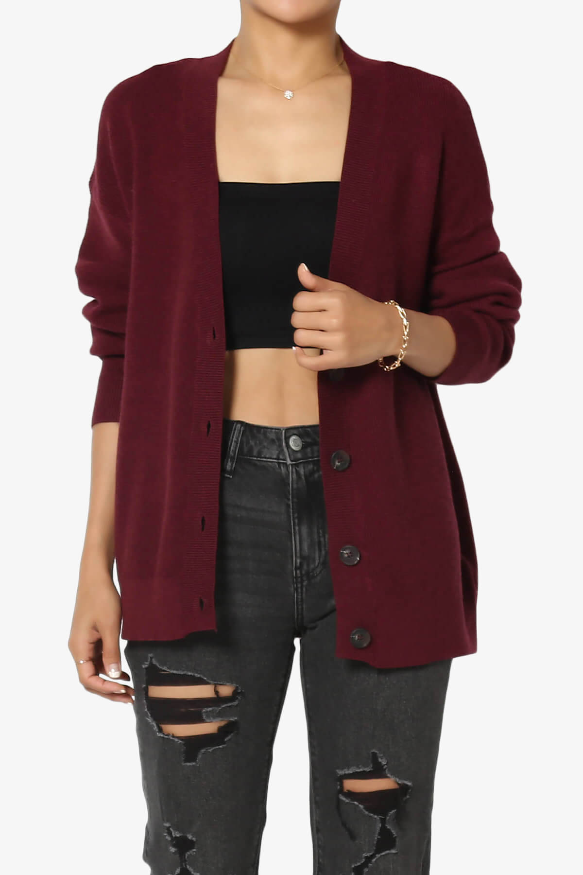 Nicky Micro Waffle Viscose Knit Cardigan DARK BURGUNDY_1