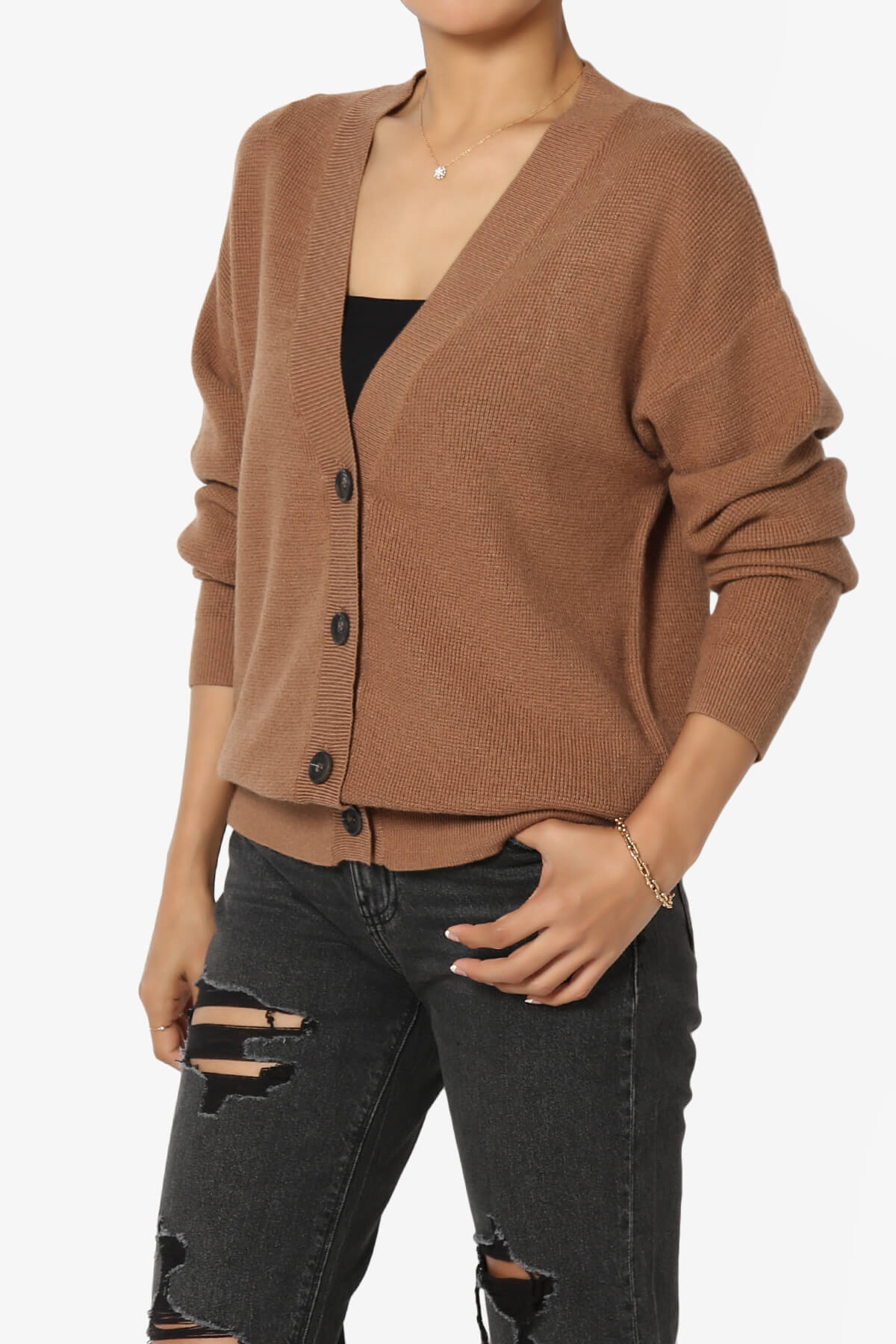 Nicky Micro Waffle Viscose Knit Cardigan DEEP CAMEL_3