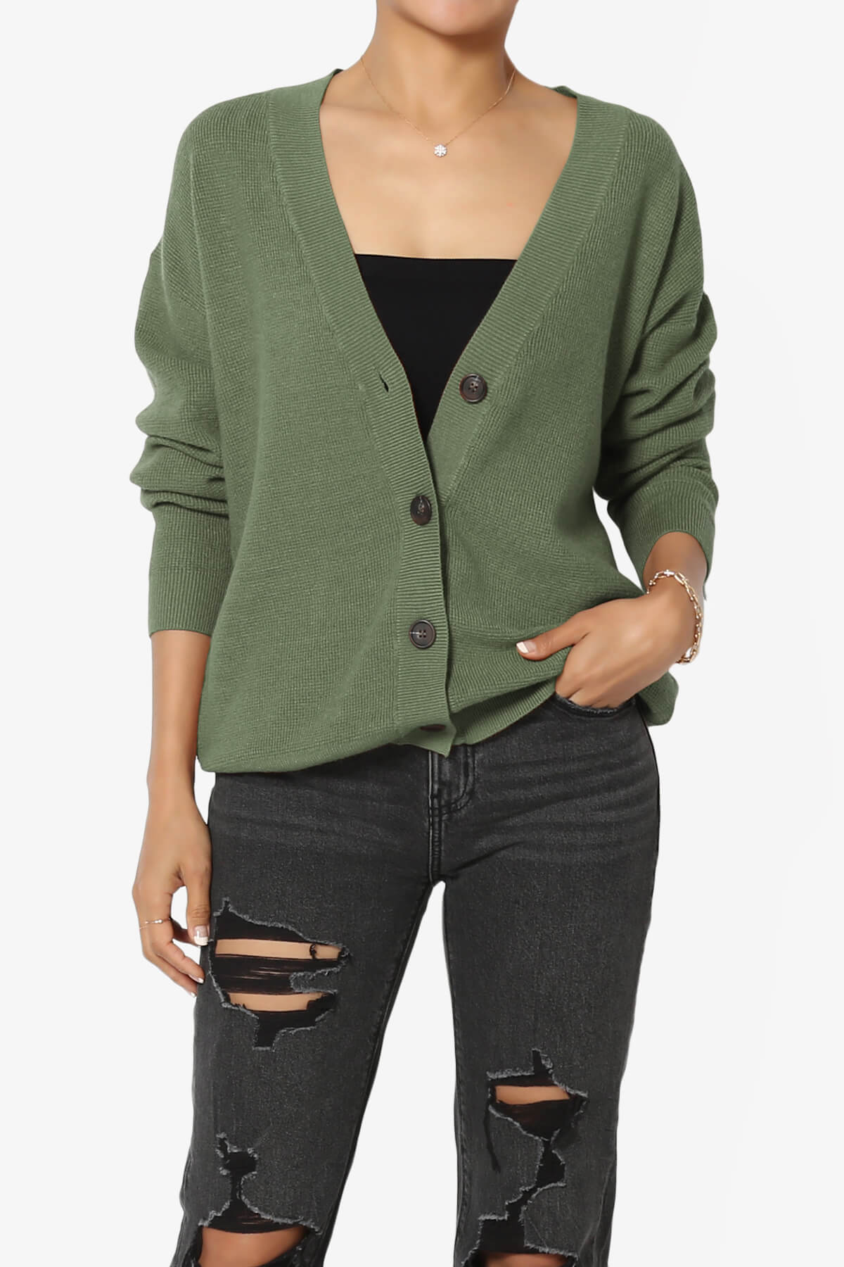 Nicky Micro Waffle Viscose Knit Cardigan DUSTY OLIVE_1