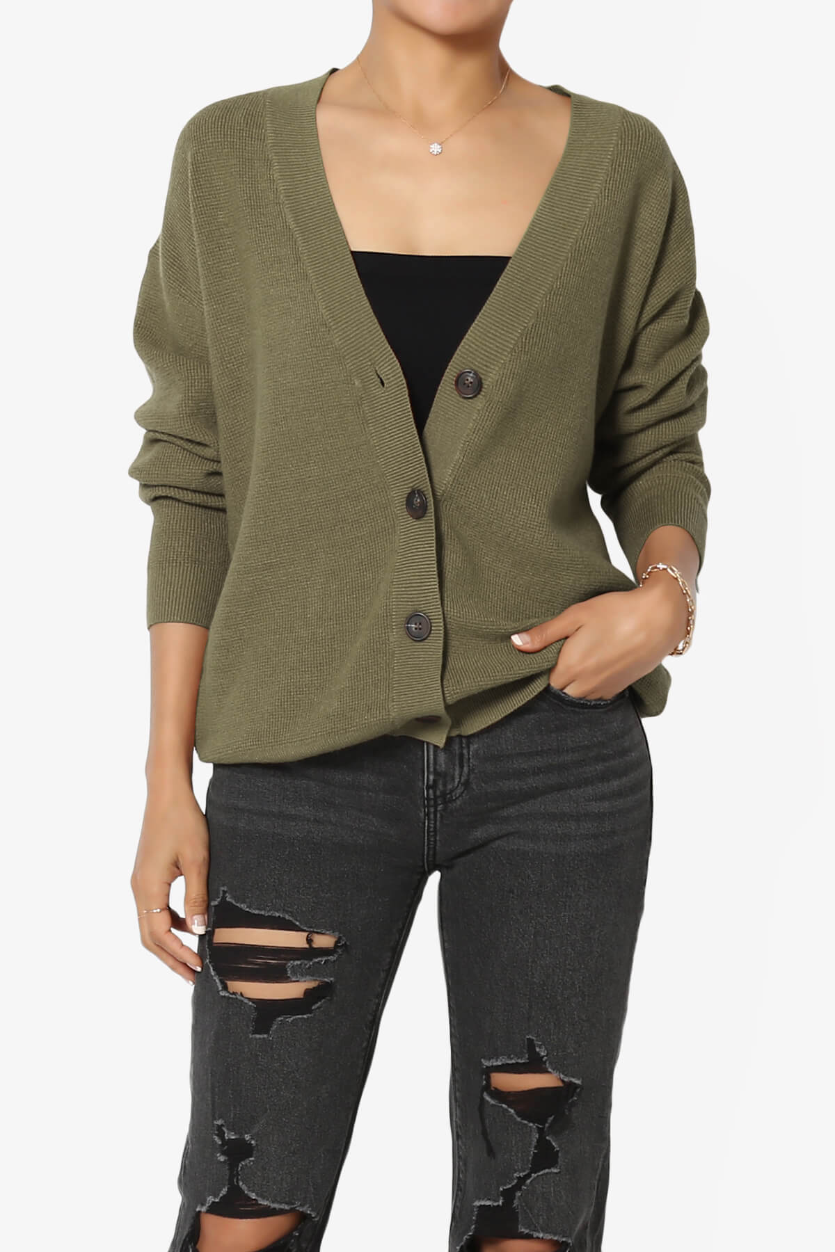 Nicky Micro Waffle Viscose Knit Cardigan OLIVE GREEN_1