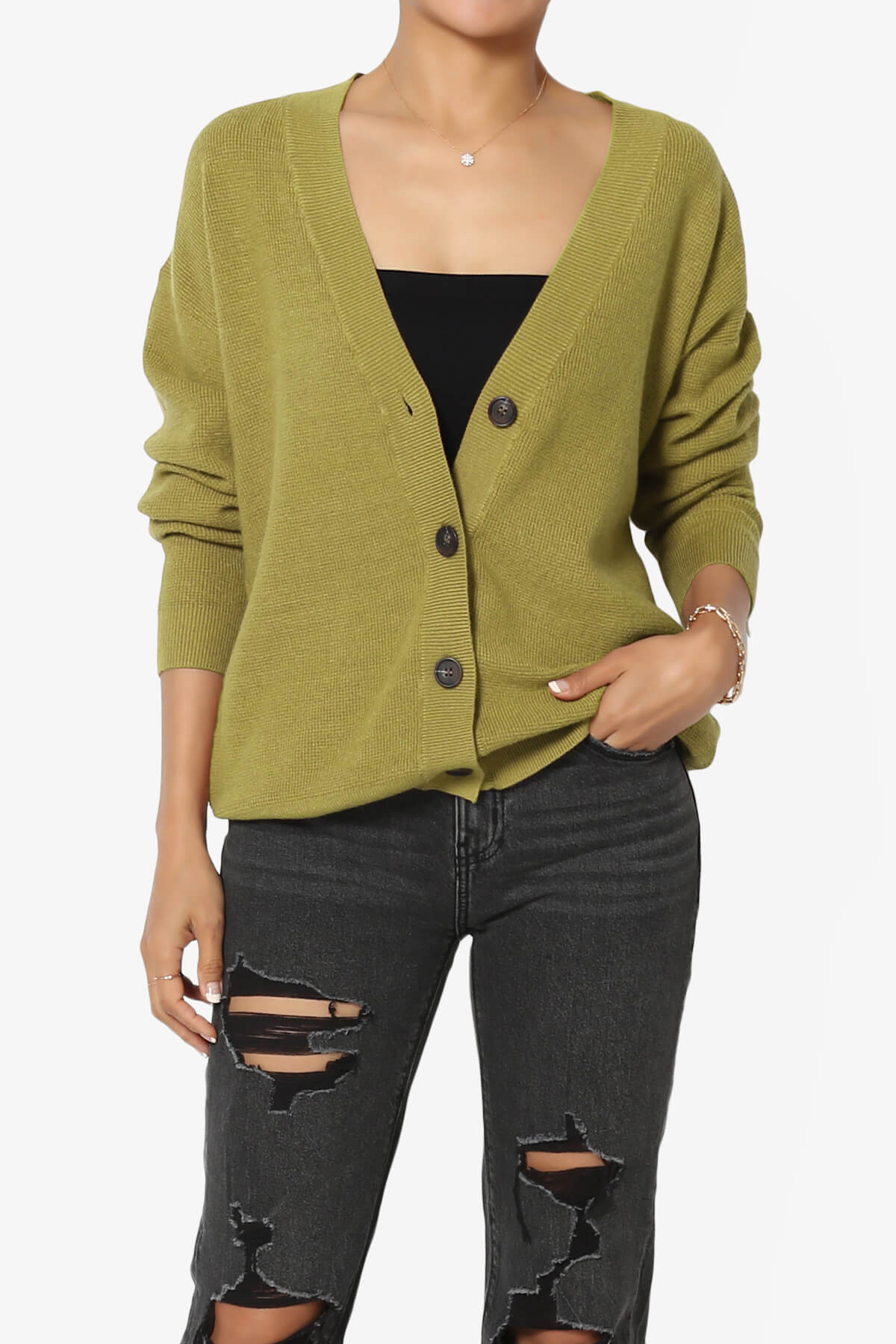 Nicky Micro Waffle Viscose Knit Cardigan OLIVE MUSTARD_1