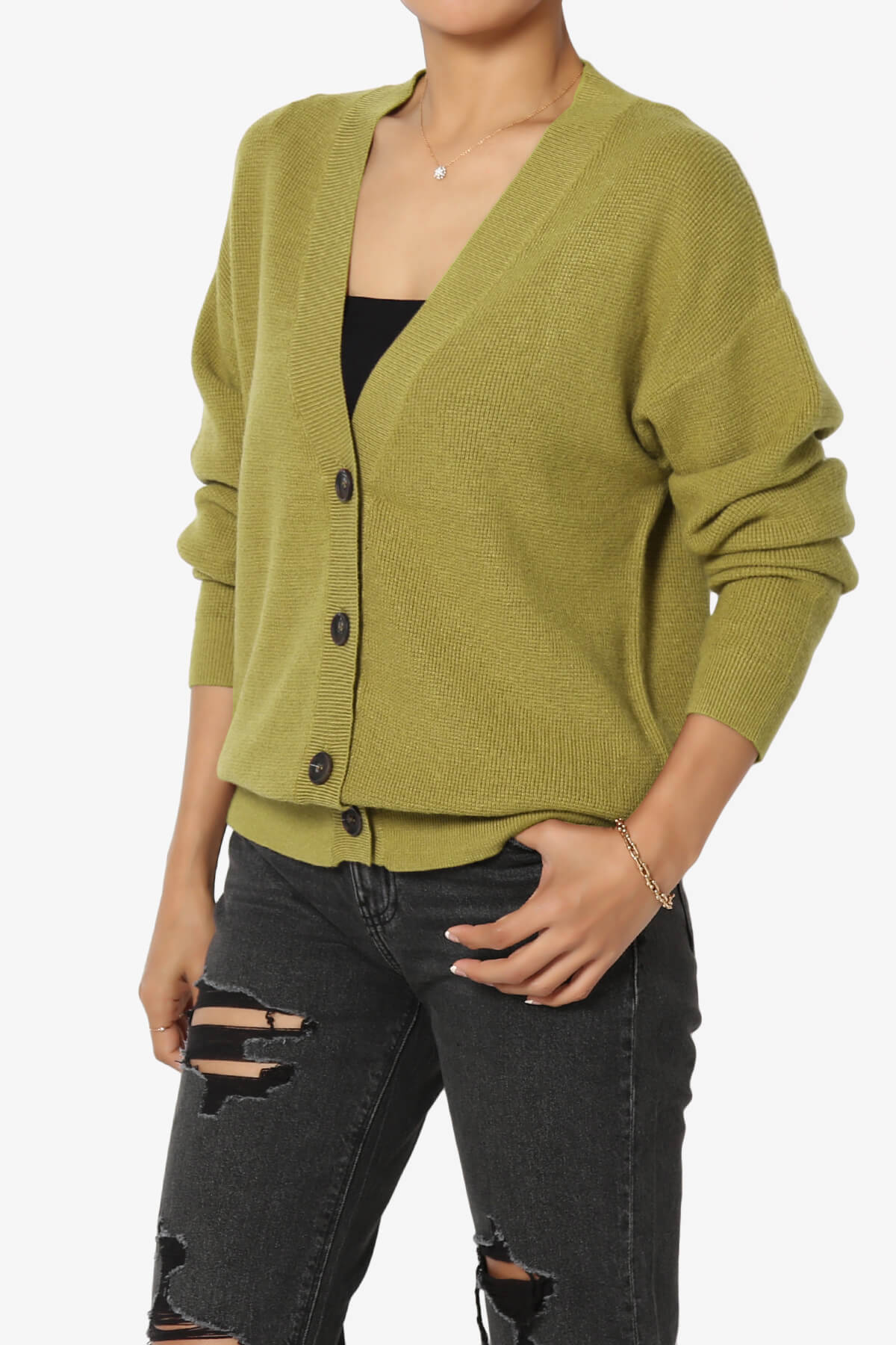 Nicky Micro Waffle Viscose Knit Cardigan OLIVE MUSTARD_3