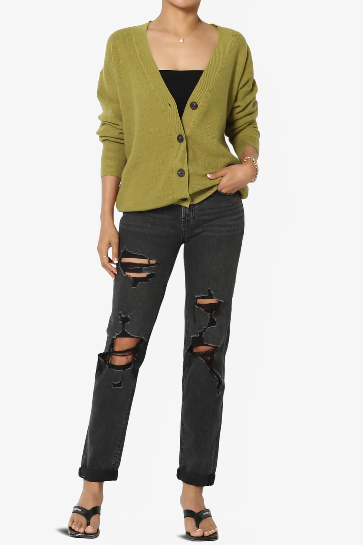 Nicky Micro Waffle Viscose Knit Cardigan OLIVE MUSTARD_6