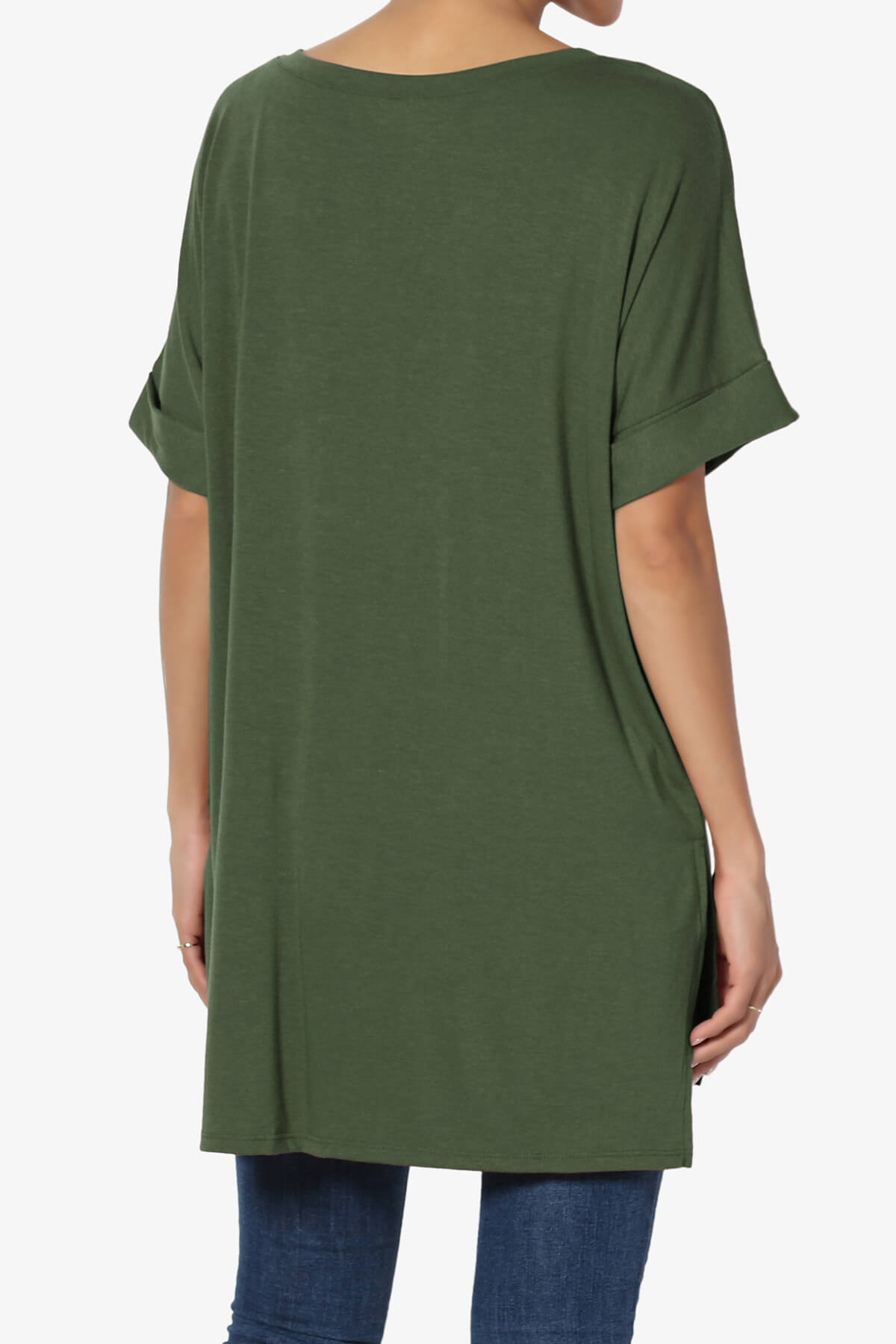 Onella V-Neck Rolled Short Sleeve Top ARMY GREEN_2