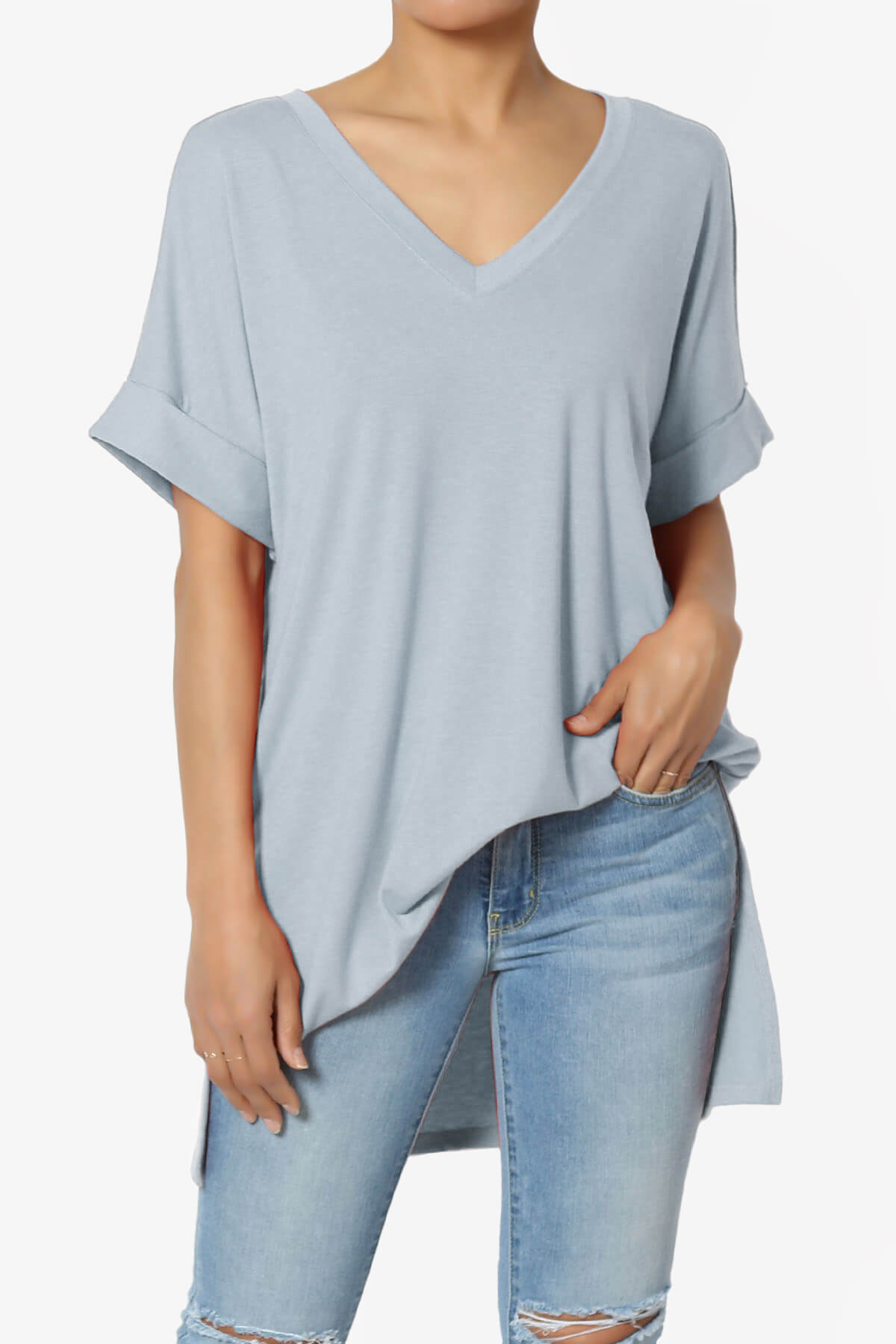 Onella V-Neck Rolled Short Sleeve Top ASH BLUE_1
