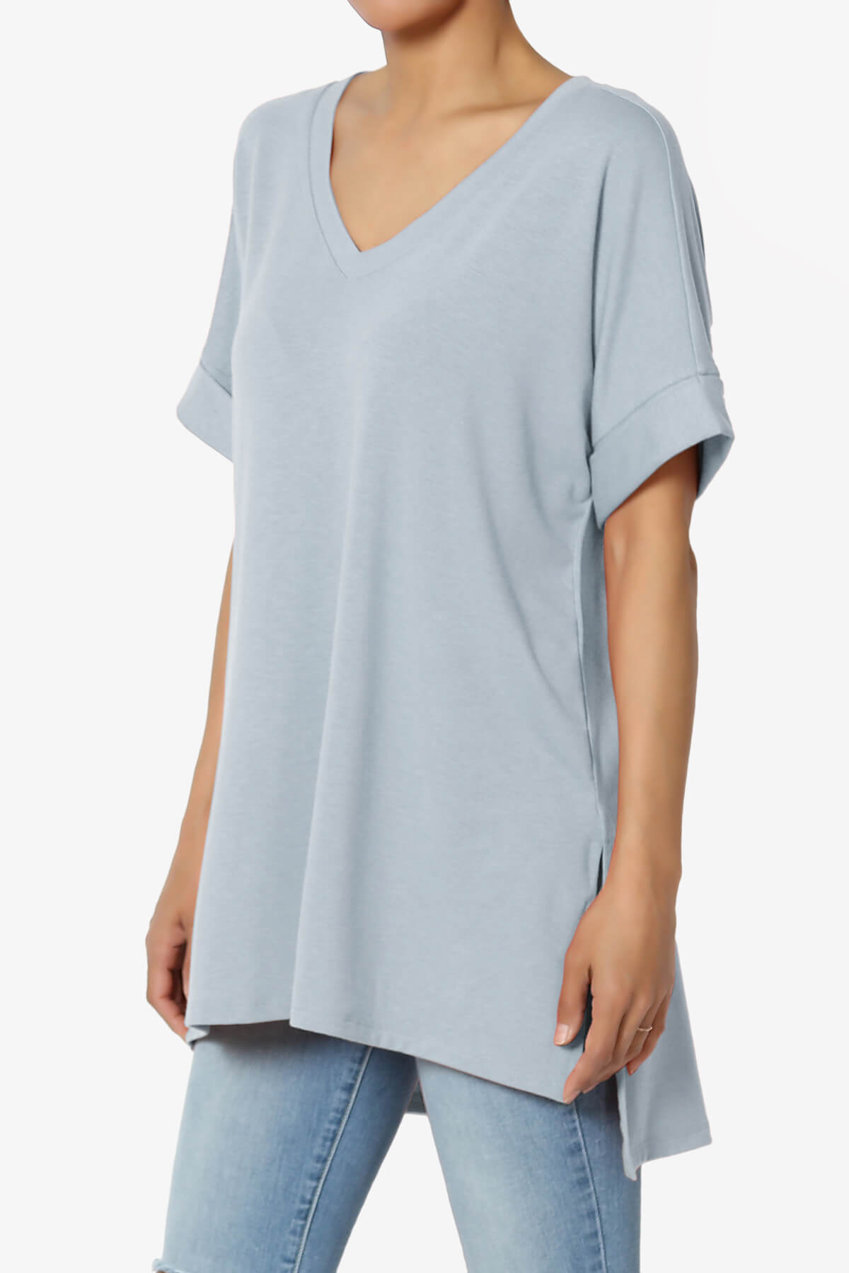 Onella V-Neck Rolled Short Sleeve Top ASH BLUE_3